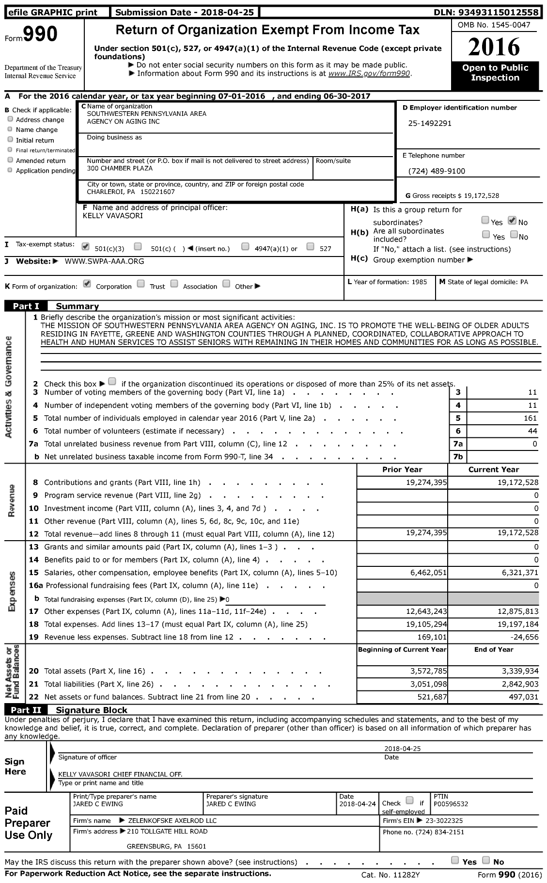 Image of first page of 2016 Form 990 for Southwestern Pennsylvania Area Agency on Aging (SWPA-AAA)