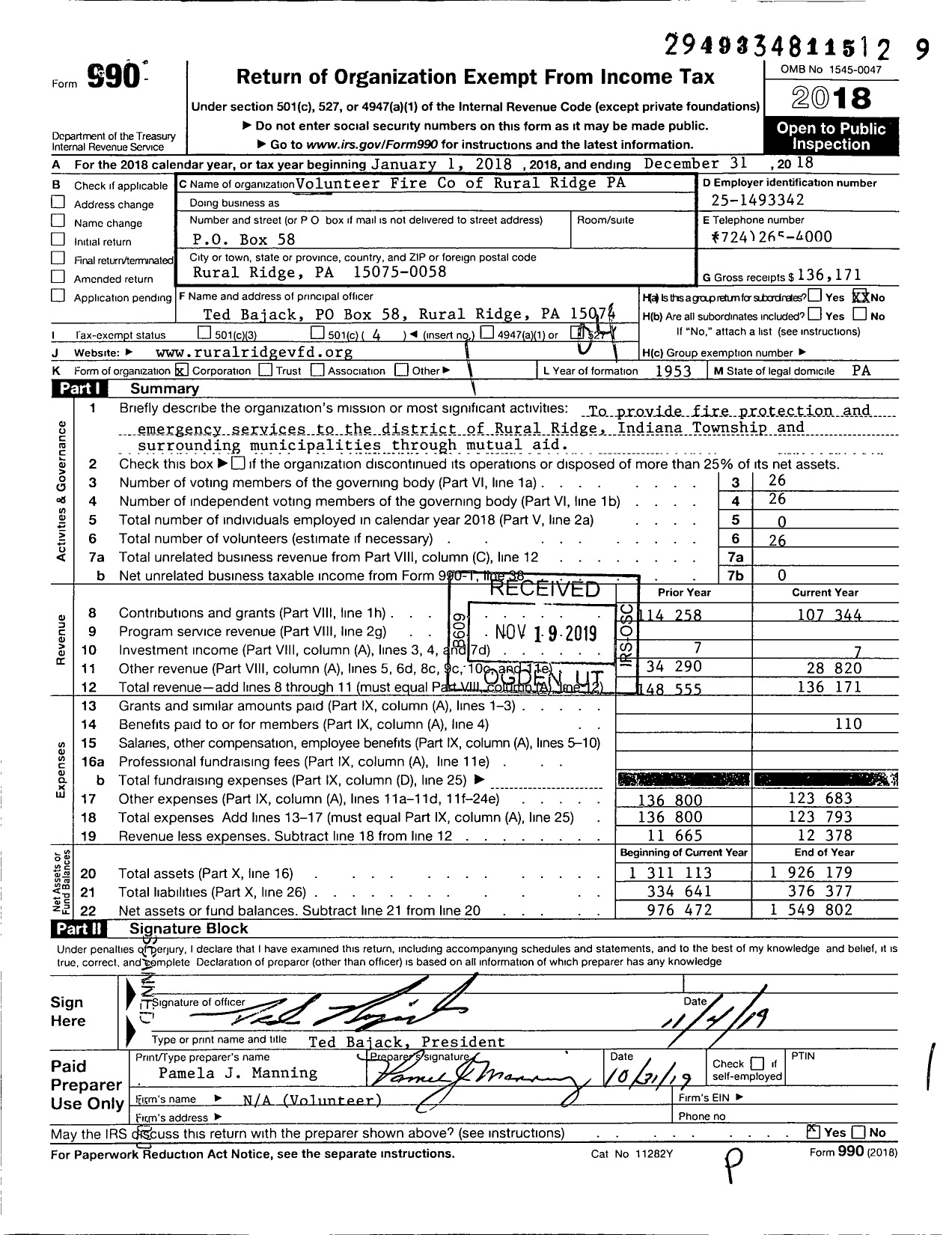 Image of first page of 2018 Form 990O for Volunteer Fire Company of Rural Ridge Pennsylvania