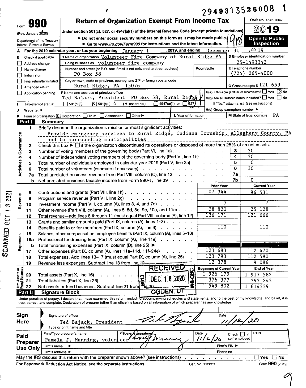 Image of first page of 2019 Form 990O for Volunteer Fire Company of Rural Ridge Pennsylvania