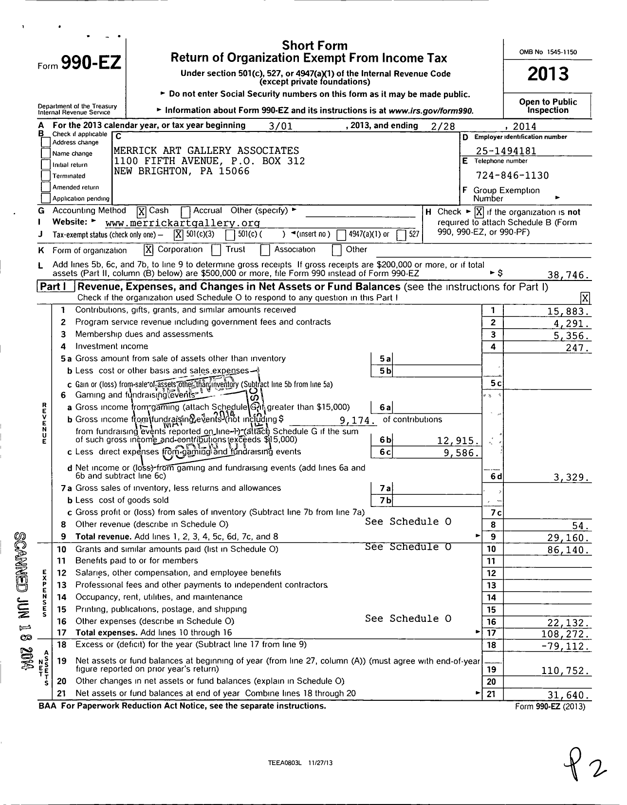 Image of first page of 2013 Form 990EZ for The Merrick Art Gallery Associates