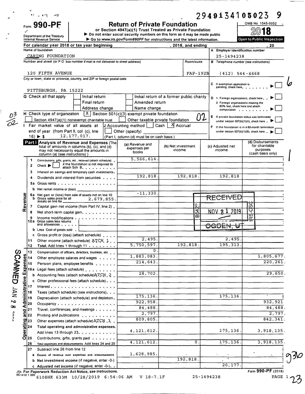 Image of first page of 2018 Form 990PF for Caring Foundation