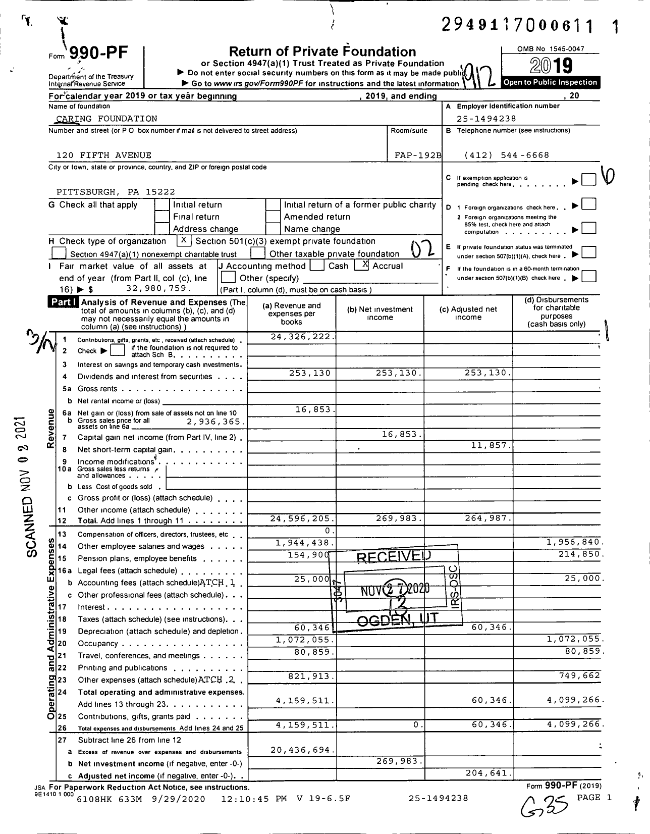 Image of first page of 2019 Form 990PF for Caring Foundation