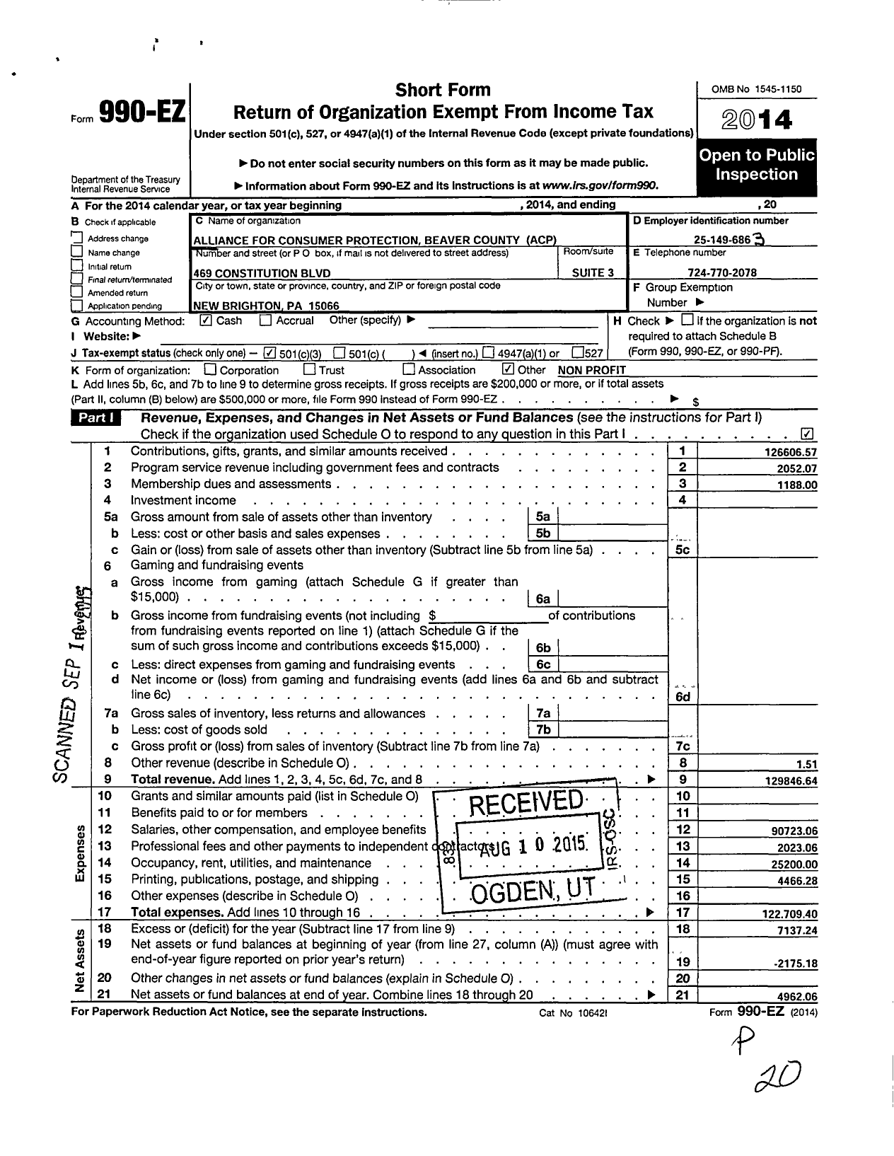 Image of first page of 2014 Form 990EZ for Alliance for Consumer Protection Beaver County