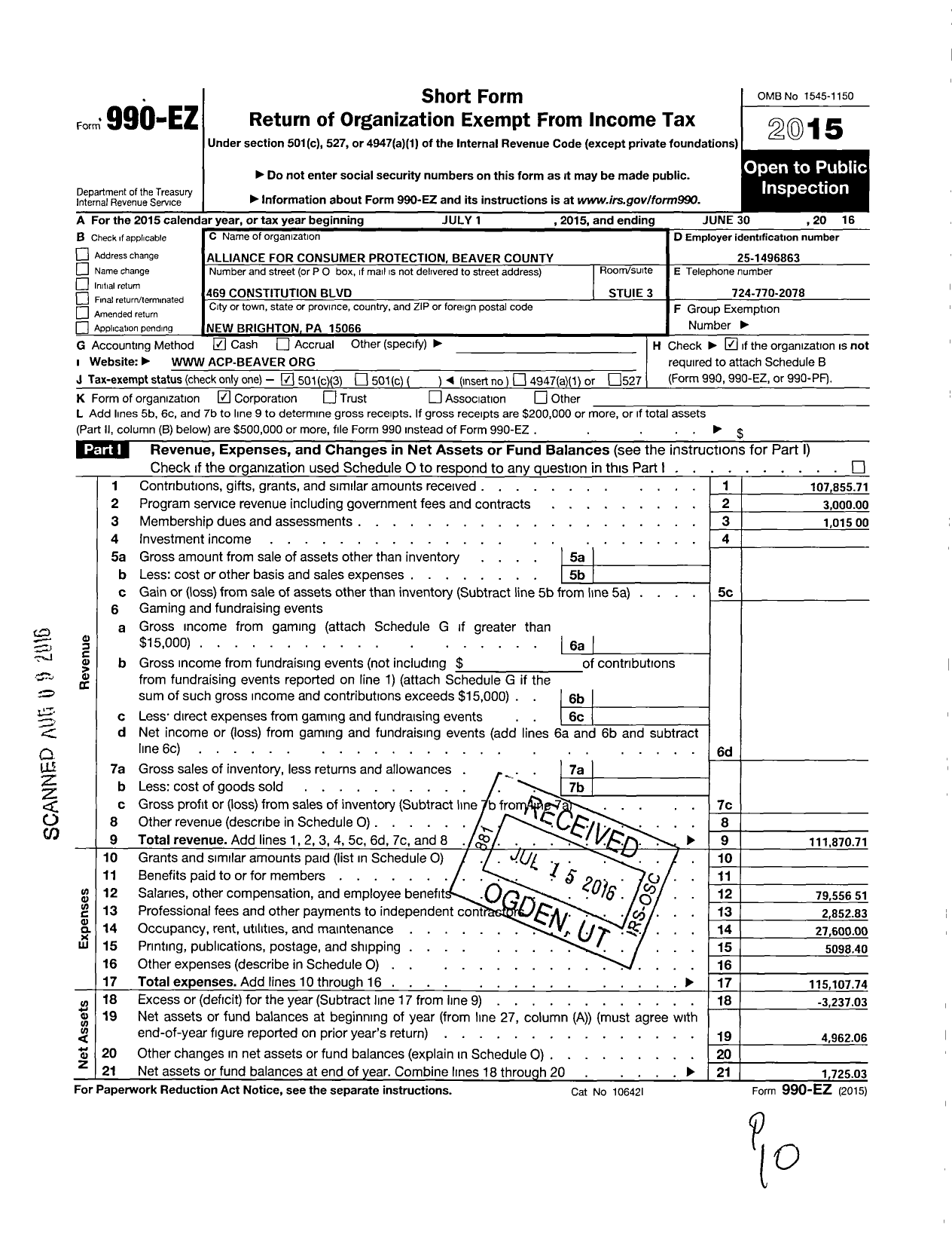 Image of first page of 2015 Form 990EZ for Alliance for Consumer Protection Beaver County