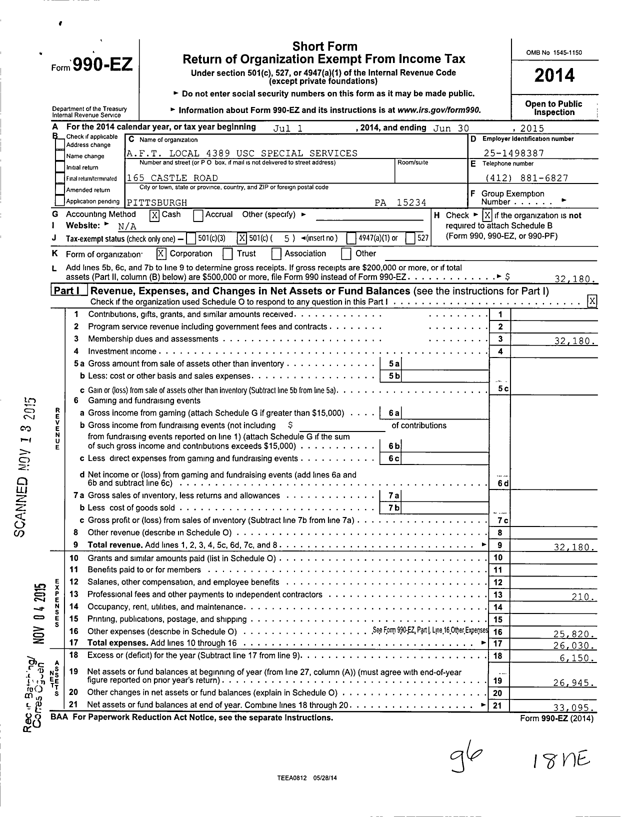 Image of first page of 2014 Form 990EO for American Federation of Teachers / 4389 Upper St Clair Special Service