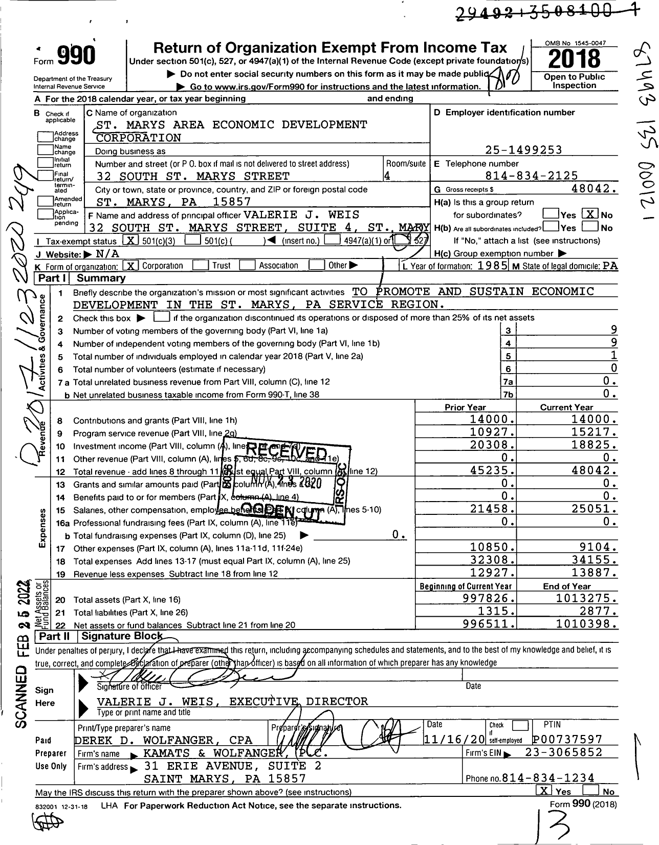 Image of first page of 2018 Form 990 for St Marys Area Economic Development Corporation