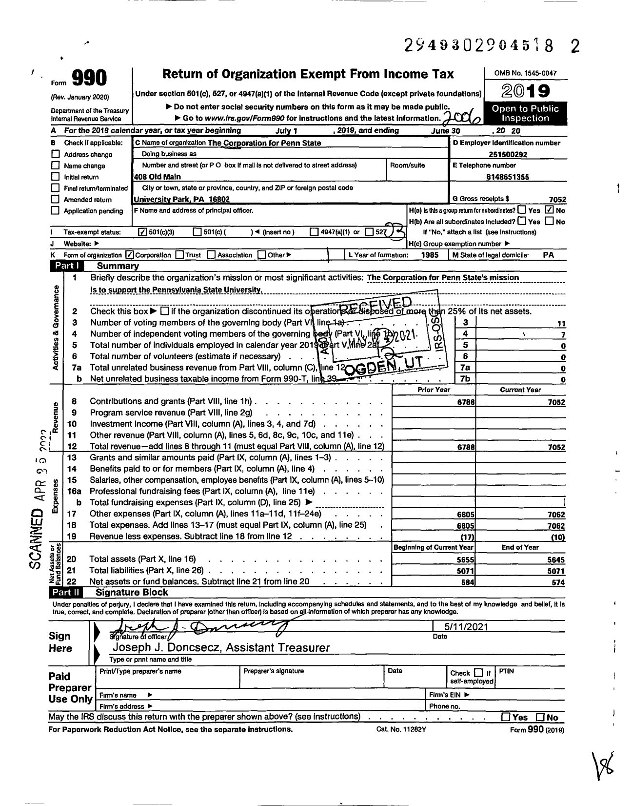 Image of first page of 2019 Form 990 for The Corporation for Penn State