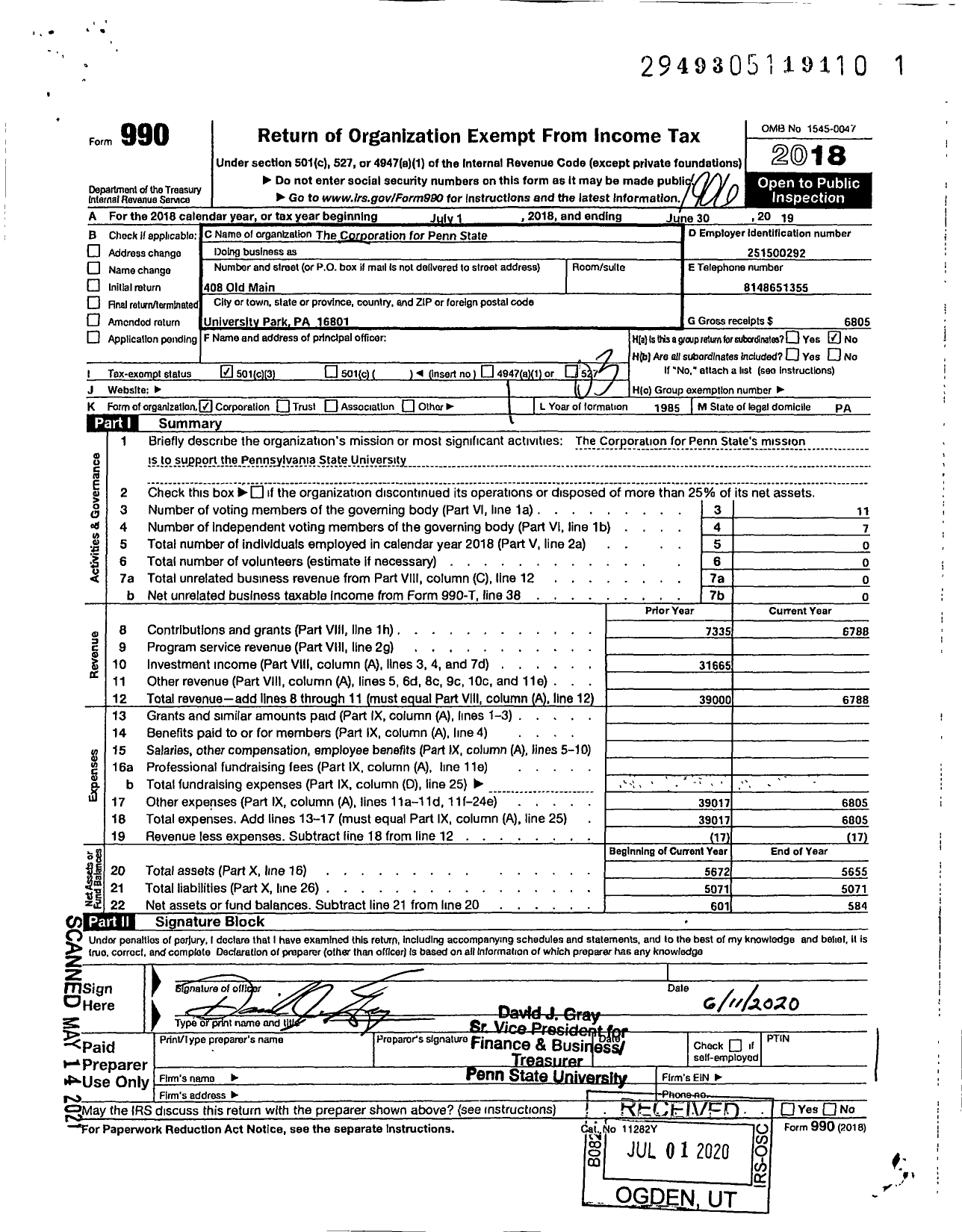 Image of first page of 2018 Form 990 for The Corporation for Penn State