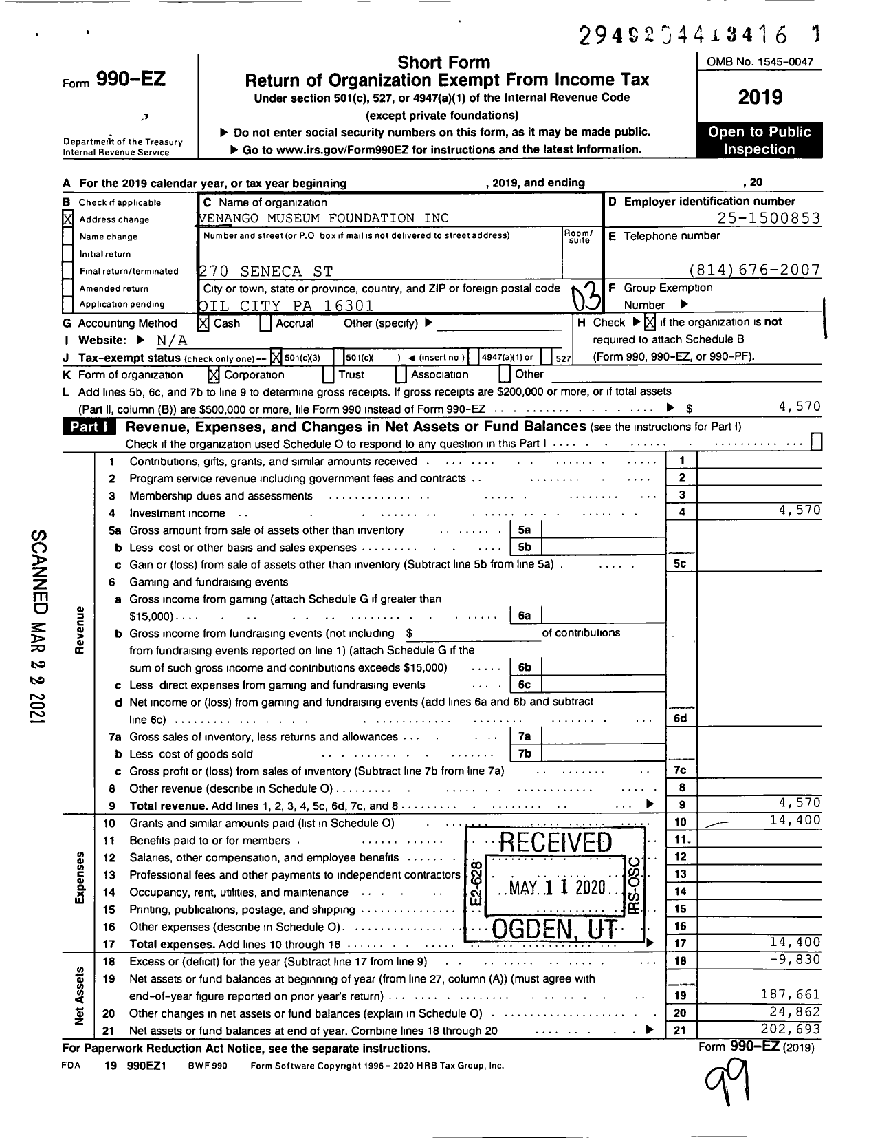 Image of first page of 2019 Form 990EZ for Venango Museum Foundation