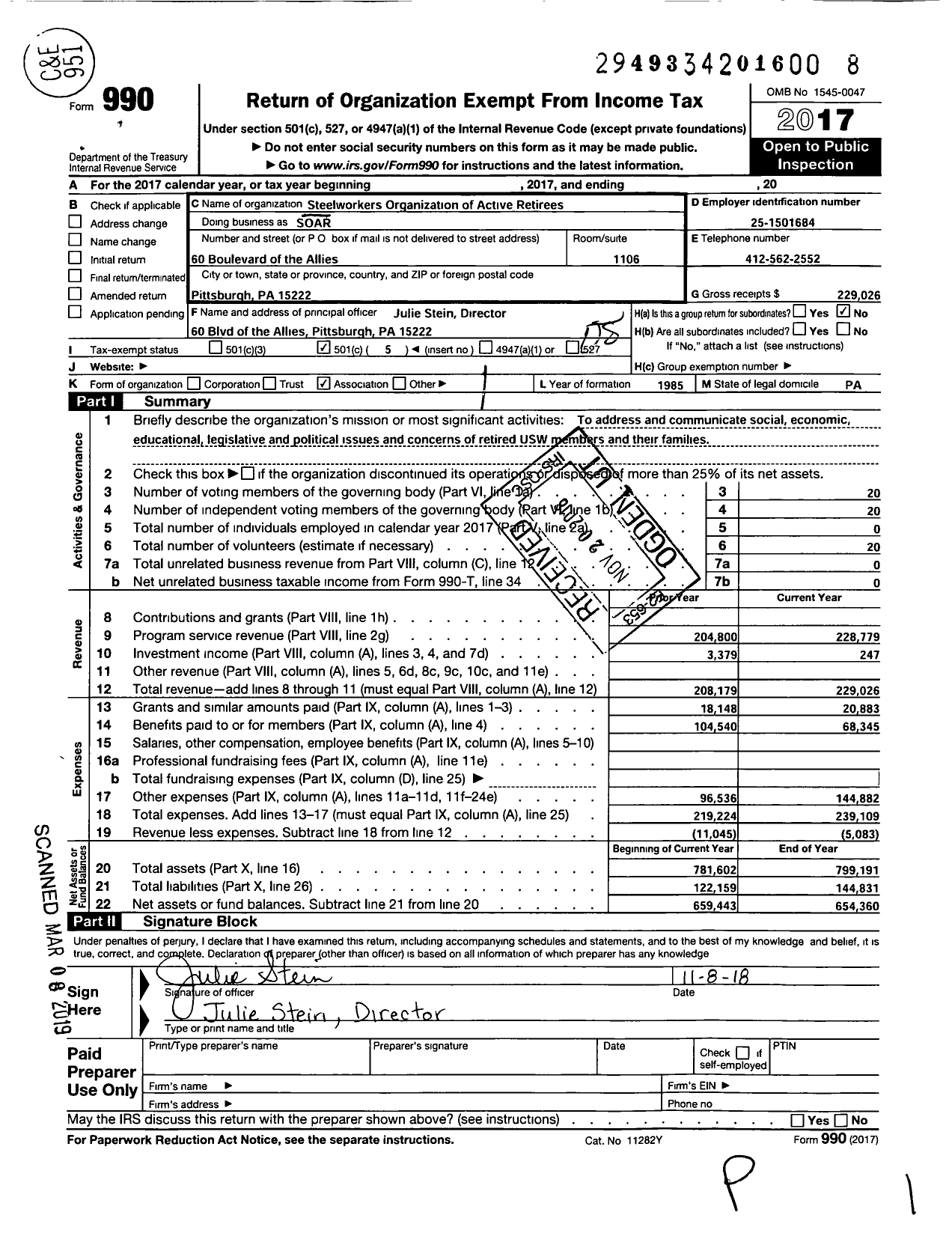 Image of first page of 2017 Form 990O for United Steelworkers - Soar