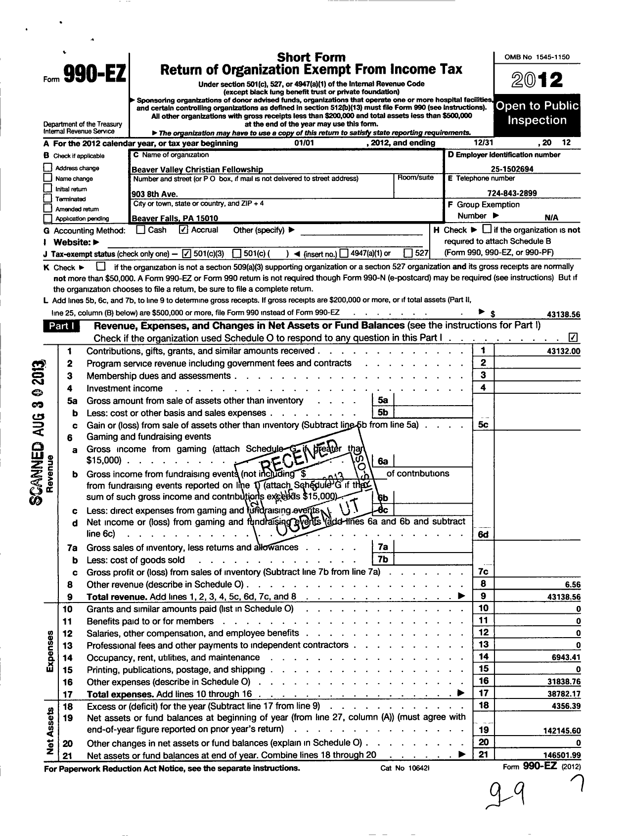 Image of first page of 2012 Form 990EZ for Beaver Valley Christian Fellowship