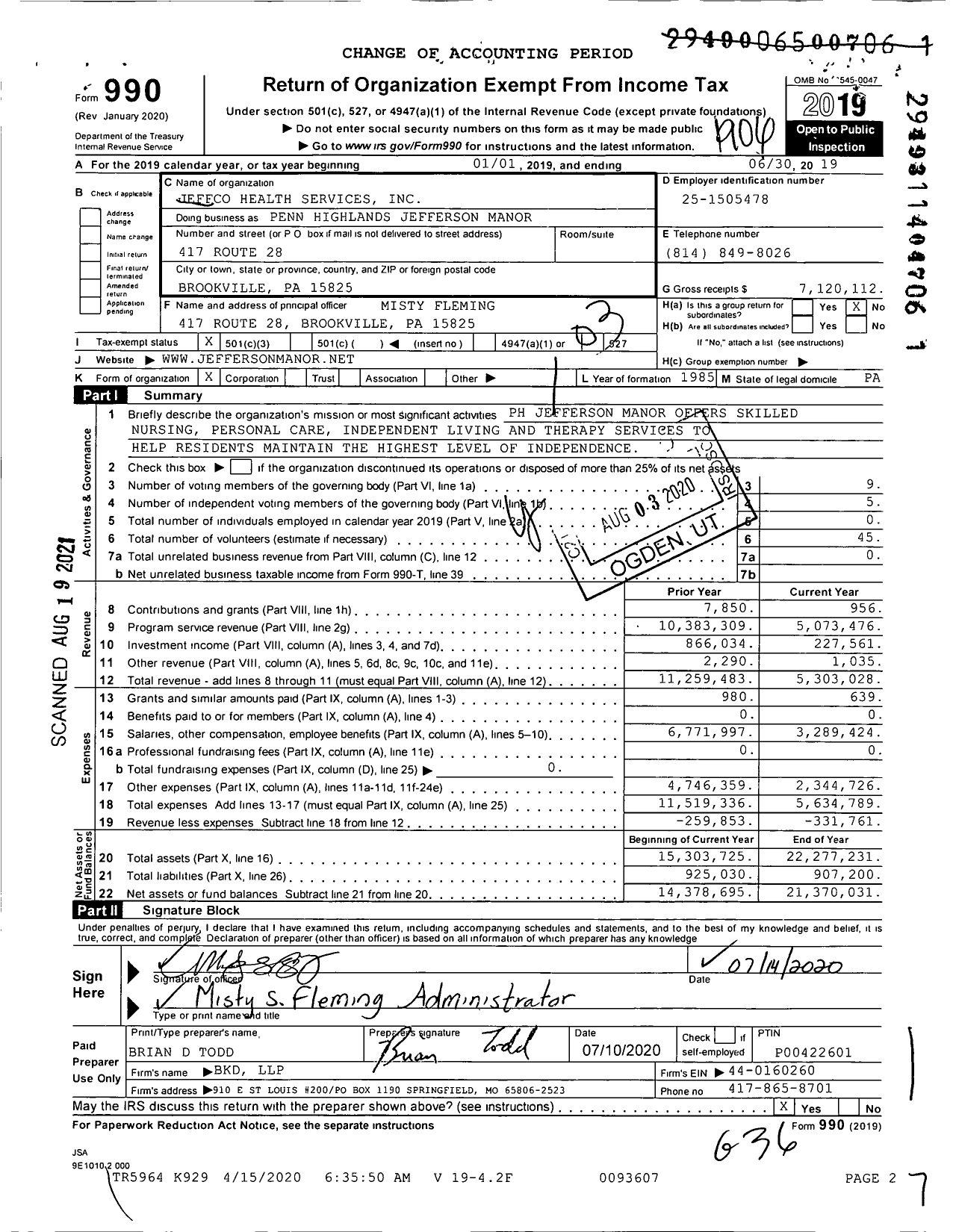 Image of first page of 2018 Form 990 for Penn Highlands Jefferson Manor (JMHC)