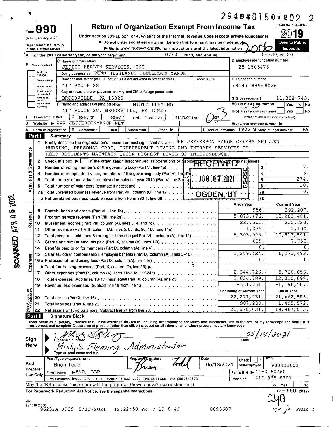 Image of first page of 2019 Form 990 for Penn Highlands Jefferson Manor (JMHC)