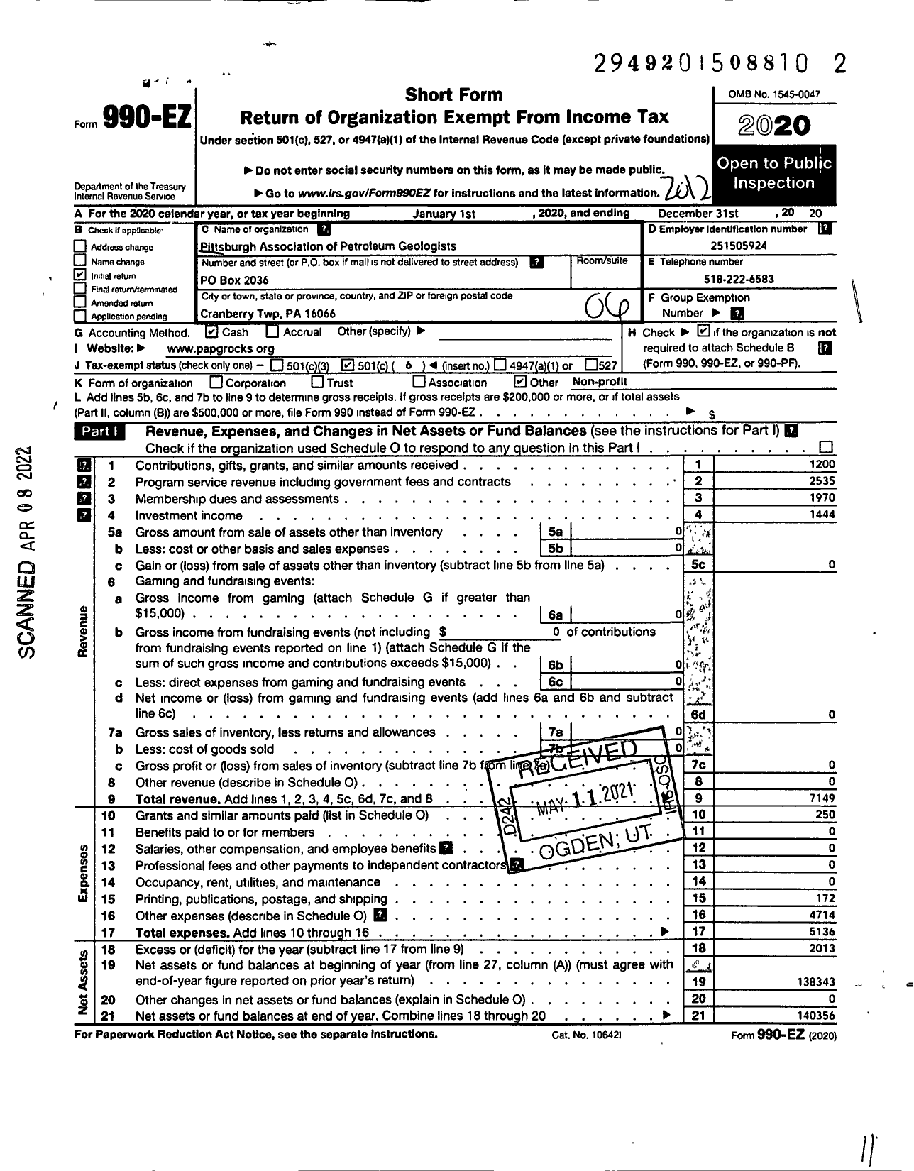 Image of first page of 2020 Form 990EO for Pittsburgh Association of Petroleum Geologists