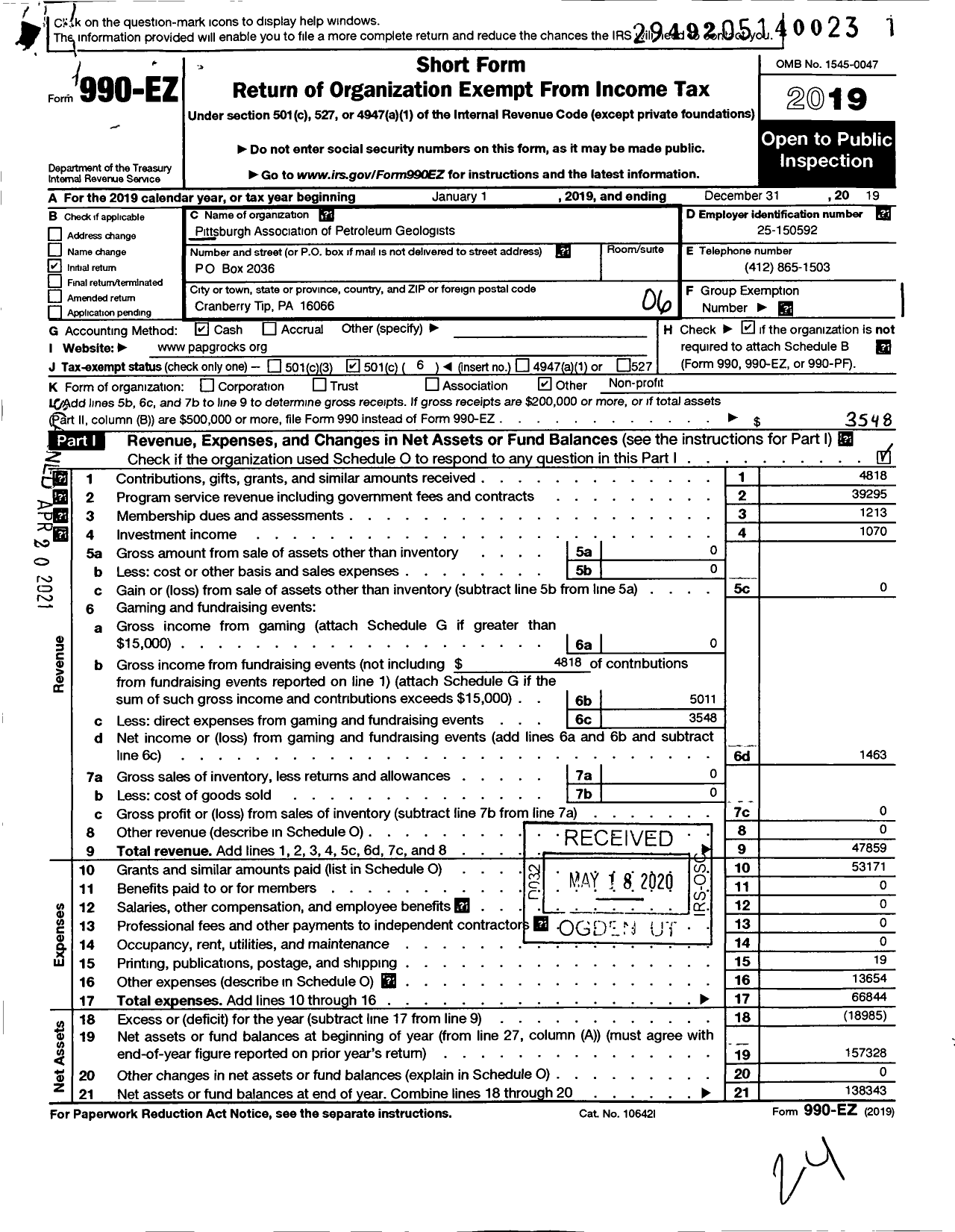 Image of first page of 2019 Form 990EO for Pittsburgh Association of Petroleum Geologists