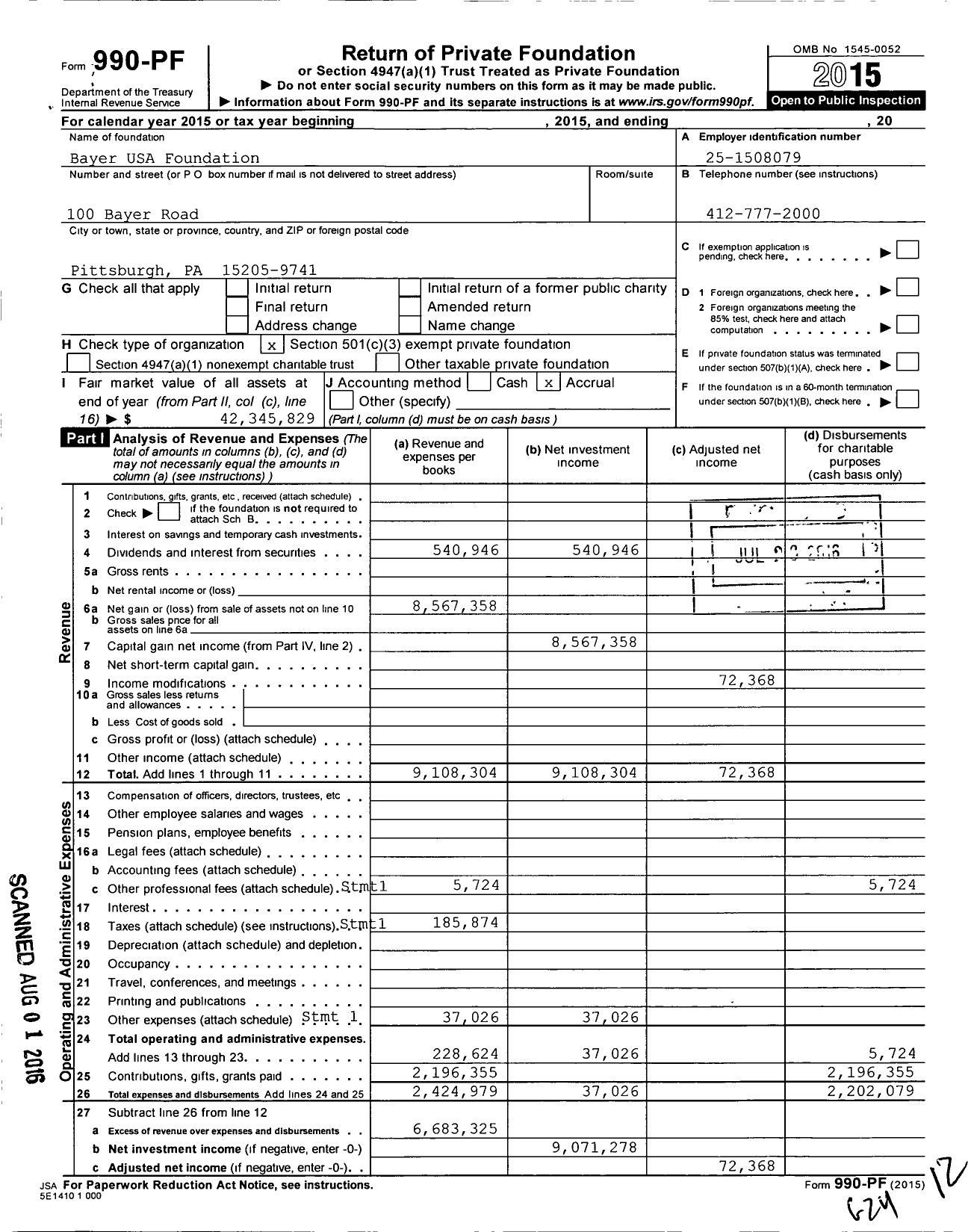 Image of first page of 2015 Form 990PF for Bayer USA Foundation