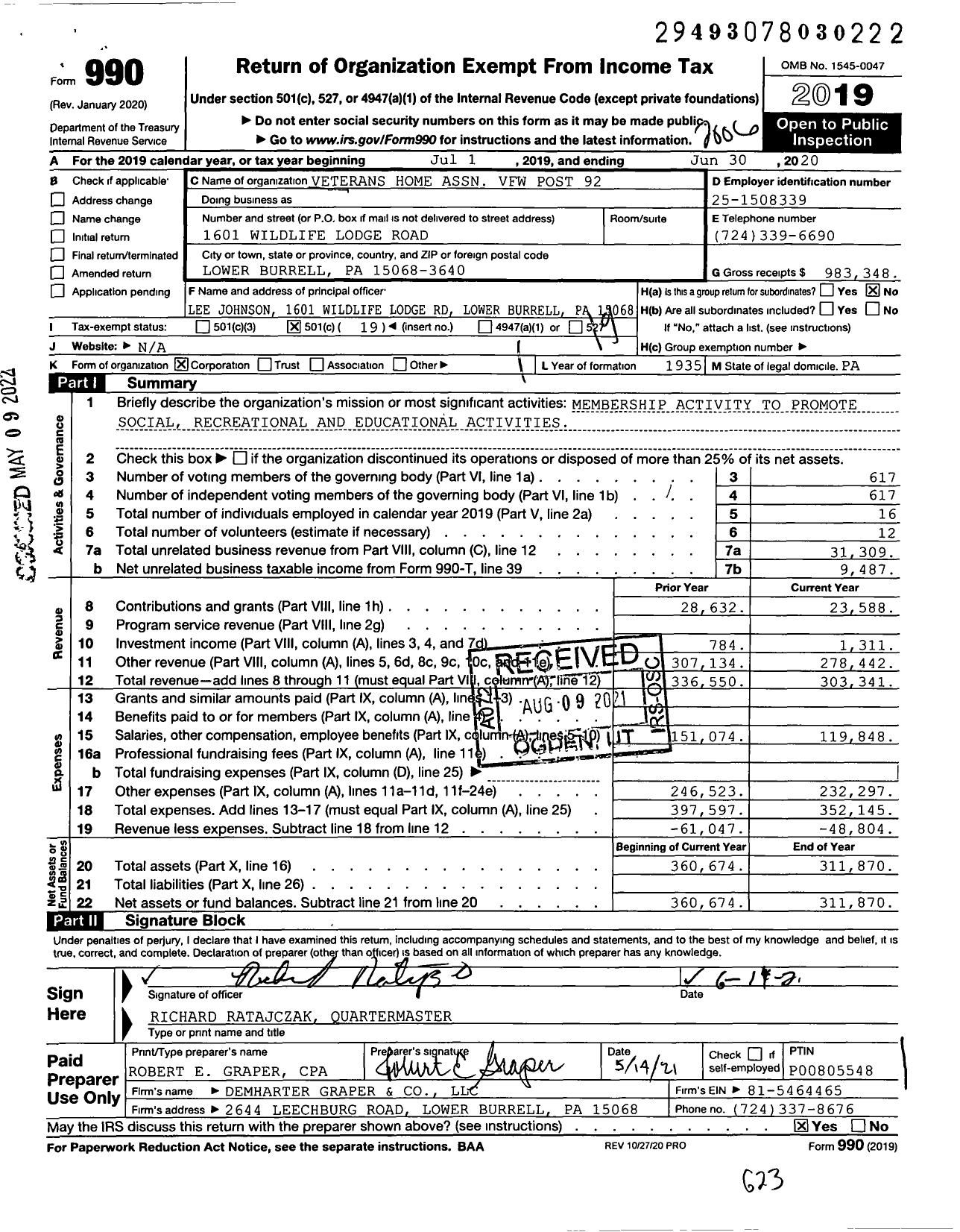 Image of first page of 2019 Form 990O for VFW Department of Pennsylvania - 92 New Kensington Post