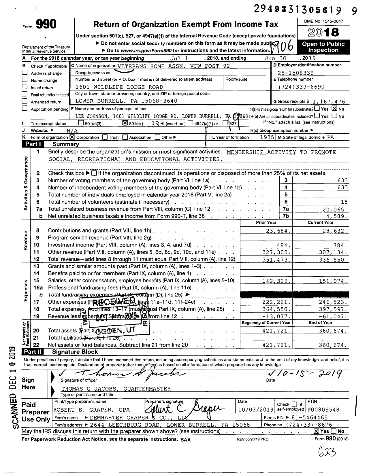 Image of first page of 2018 Form 990O for VFW Department of Pennsylvania - 92 New Kensington Post