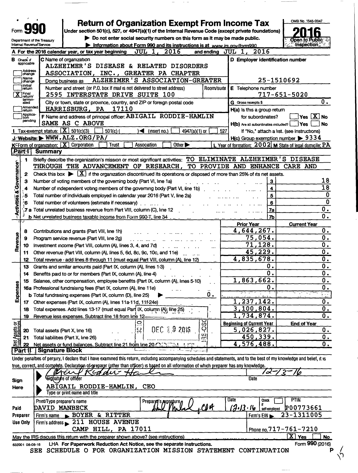 Image of first page of 2015 Form 990 for Alzheimer's Association-Greater