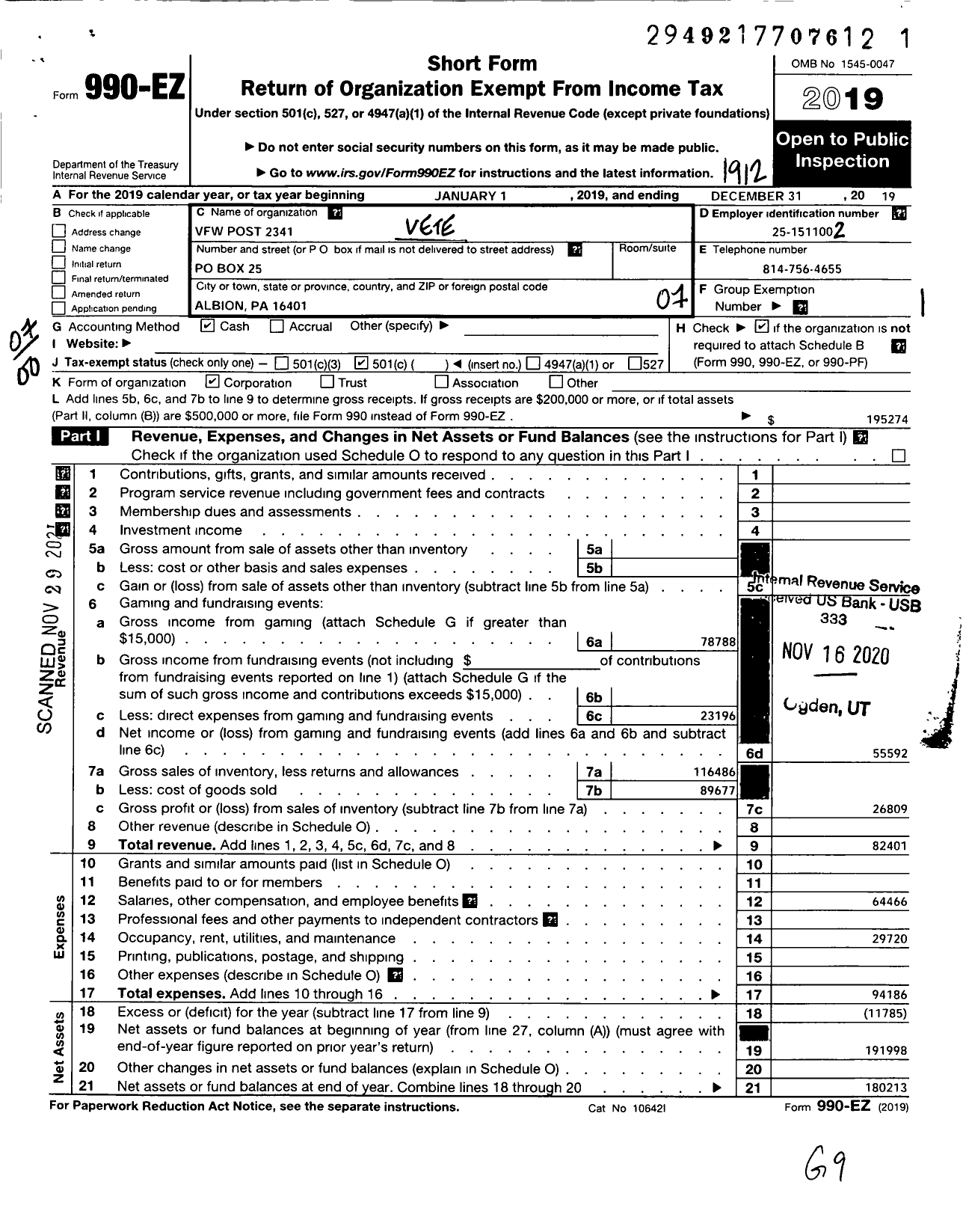 Image of first page of 2019 Form 990EO for Clayton O Ball Post 2341 Veterans of Foreign Wars of the United Stat