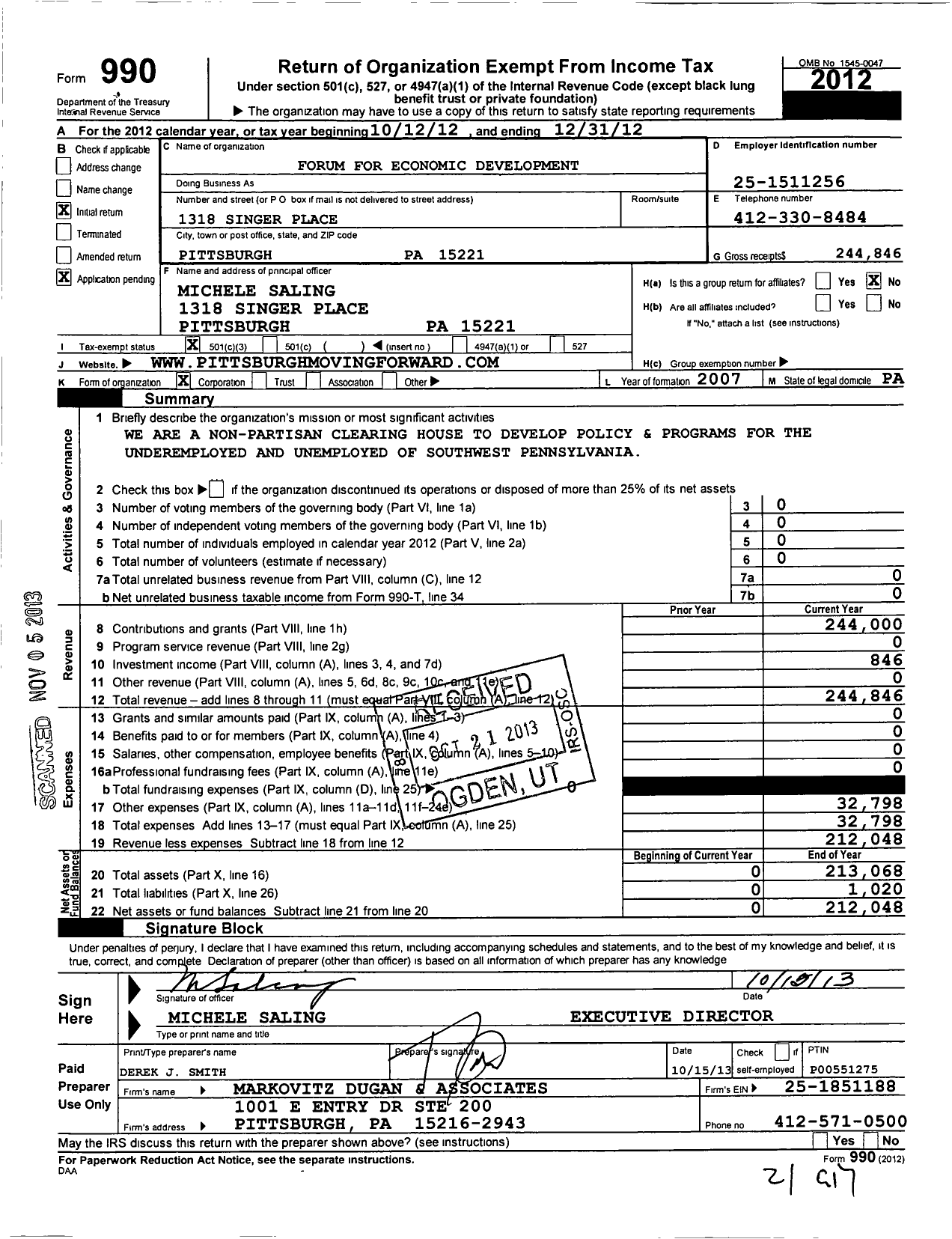 Image of first page of 2012 Form 990 for Forum for Economic Development