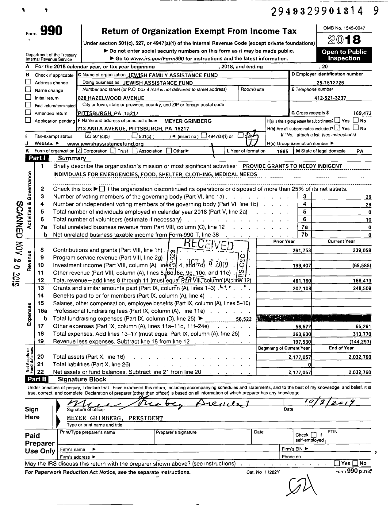 Image of first page of 2018 Form 990 for Jewish Assistance Fund