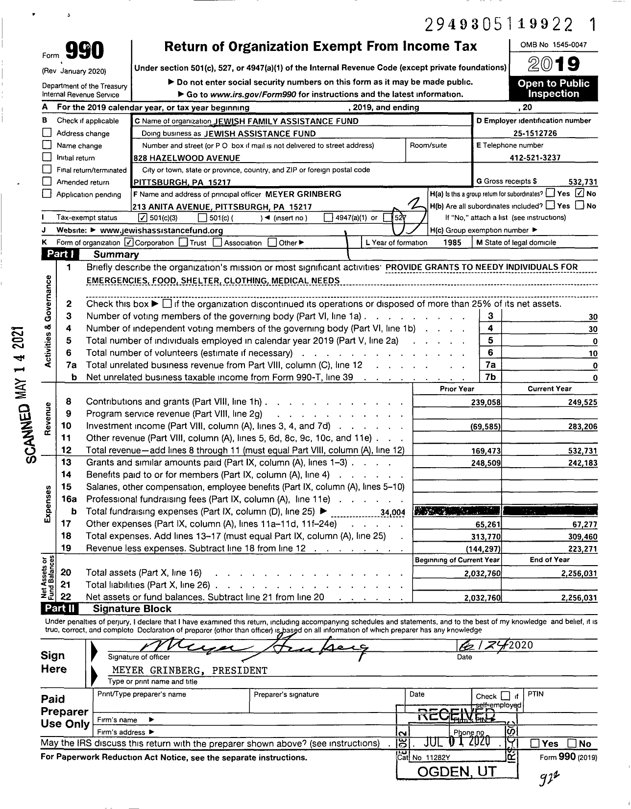 Image of first page of 2019 Form 990 for Jewish Assistance Fund