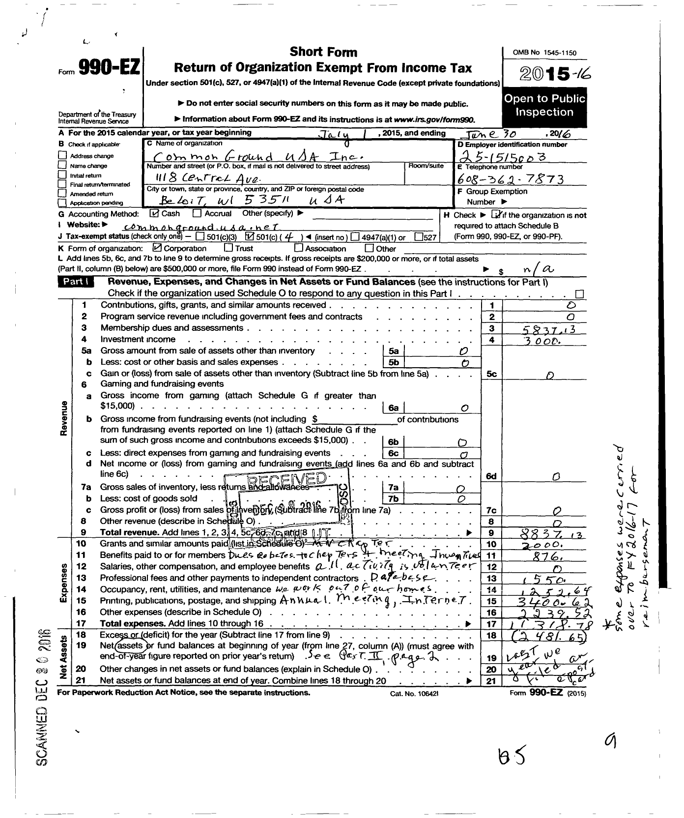 Image of first page of 2015 Form 990EO for Common Ground USA