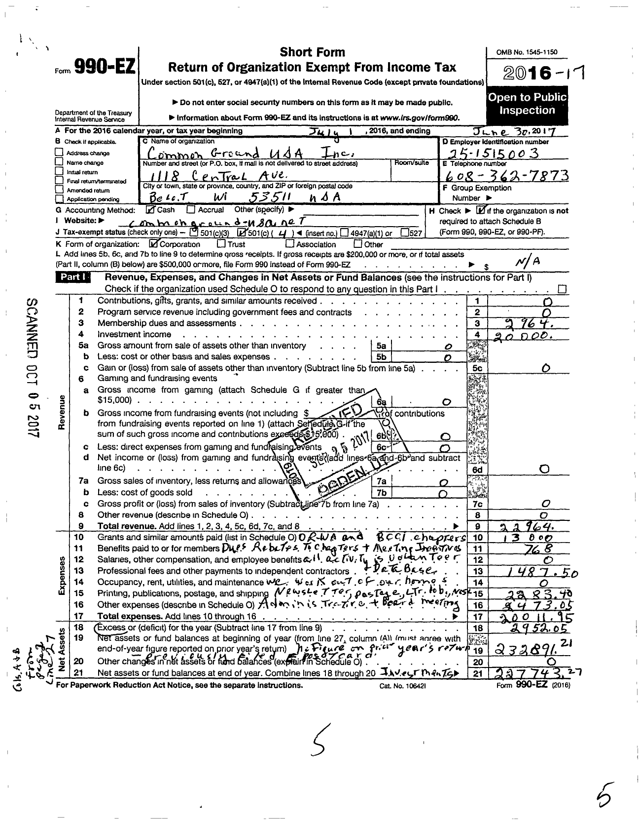 Image of first page of 2016 Form 990EO for Common Ground USA