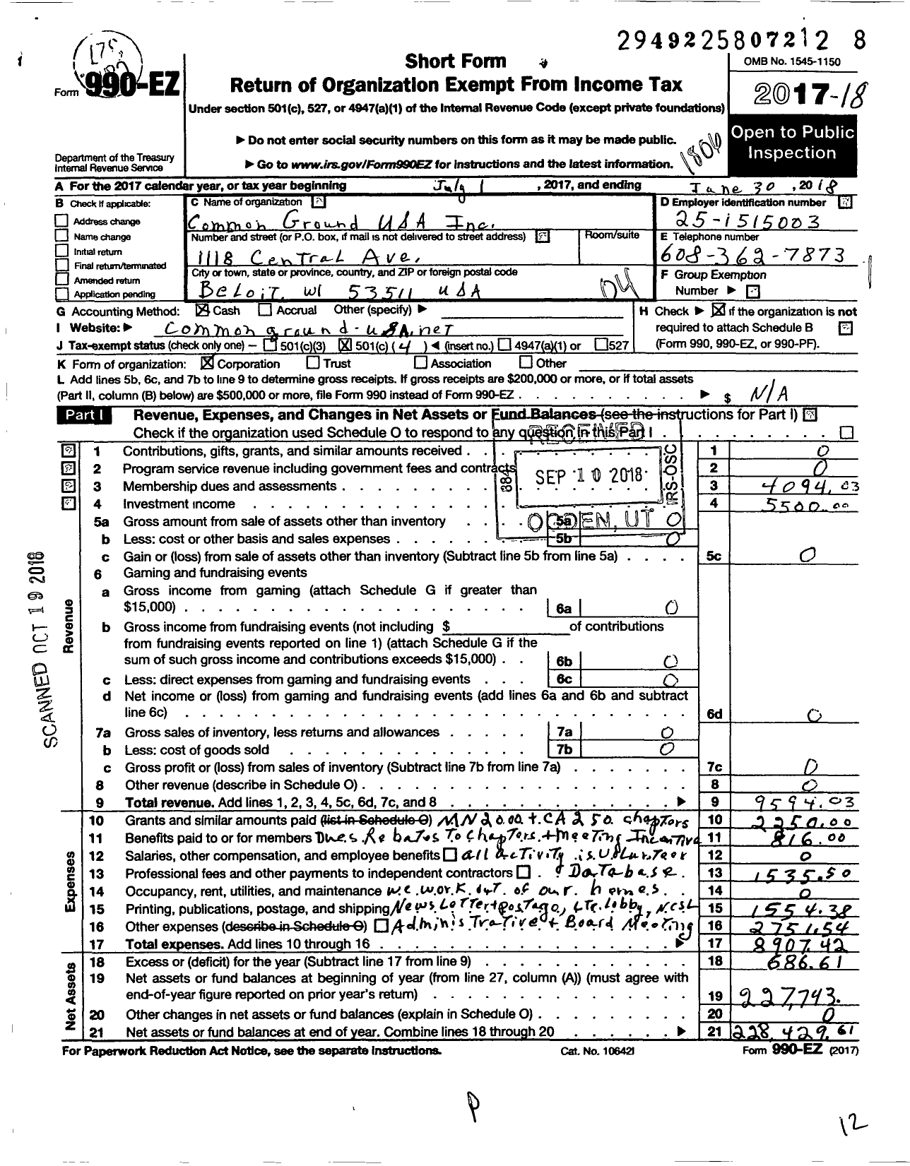 Image of first page of 2017 Form 990EO for Common Ground USA