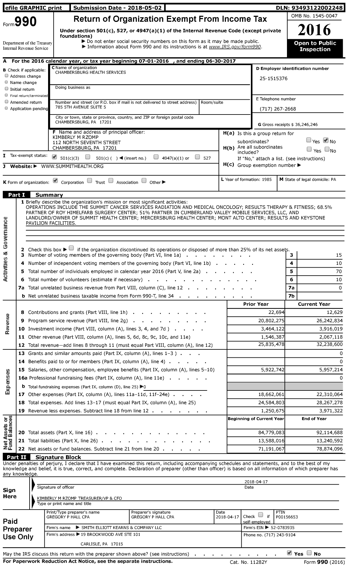 Image of first page of 2016 Form 990 for Chambersburg Health Services