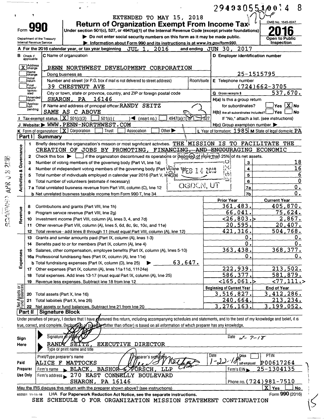 Image of first page of 2016 Form 990 for Penn Northwest Development Corporation