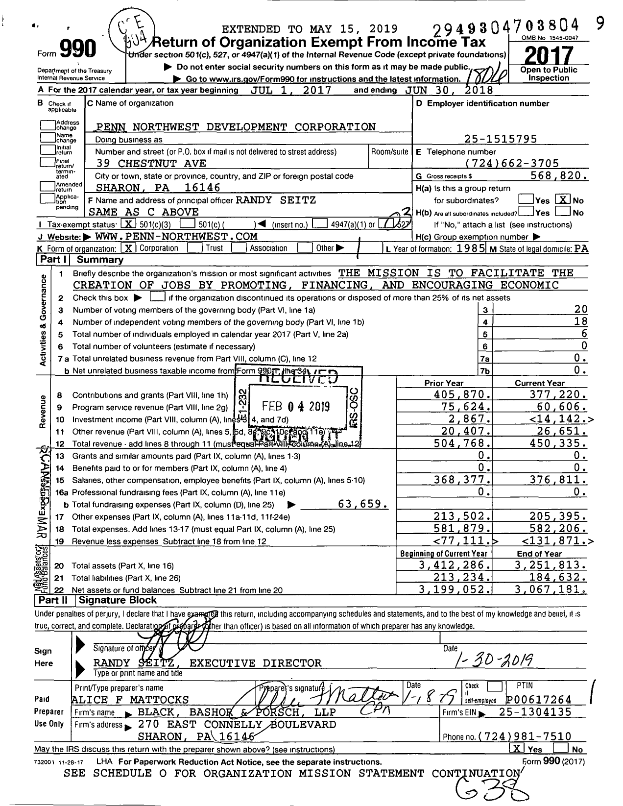 Image of first page of 2017 Form 990 for Penn Northwest Development Corporation