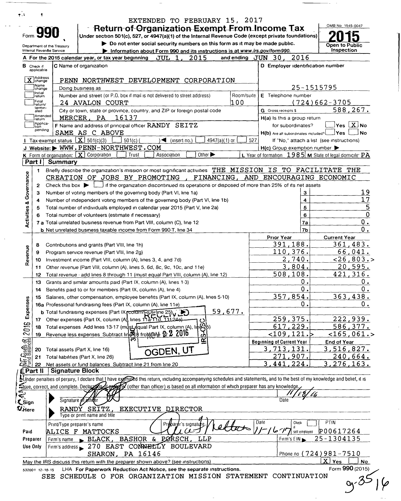Image of first page of 2015 Form 990 for Penn Northwest Development Corporation