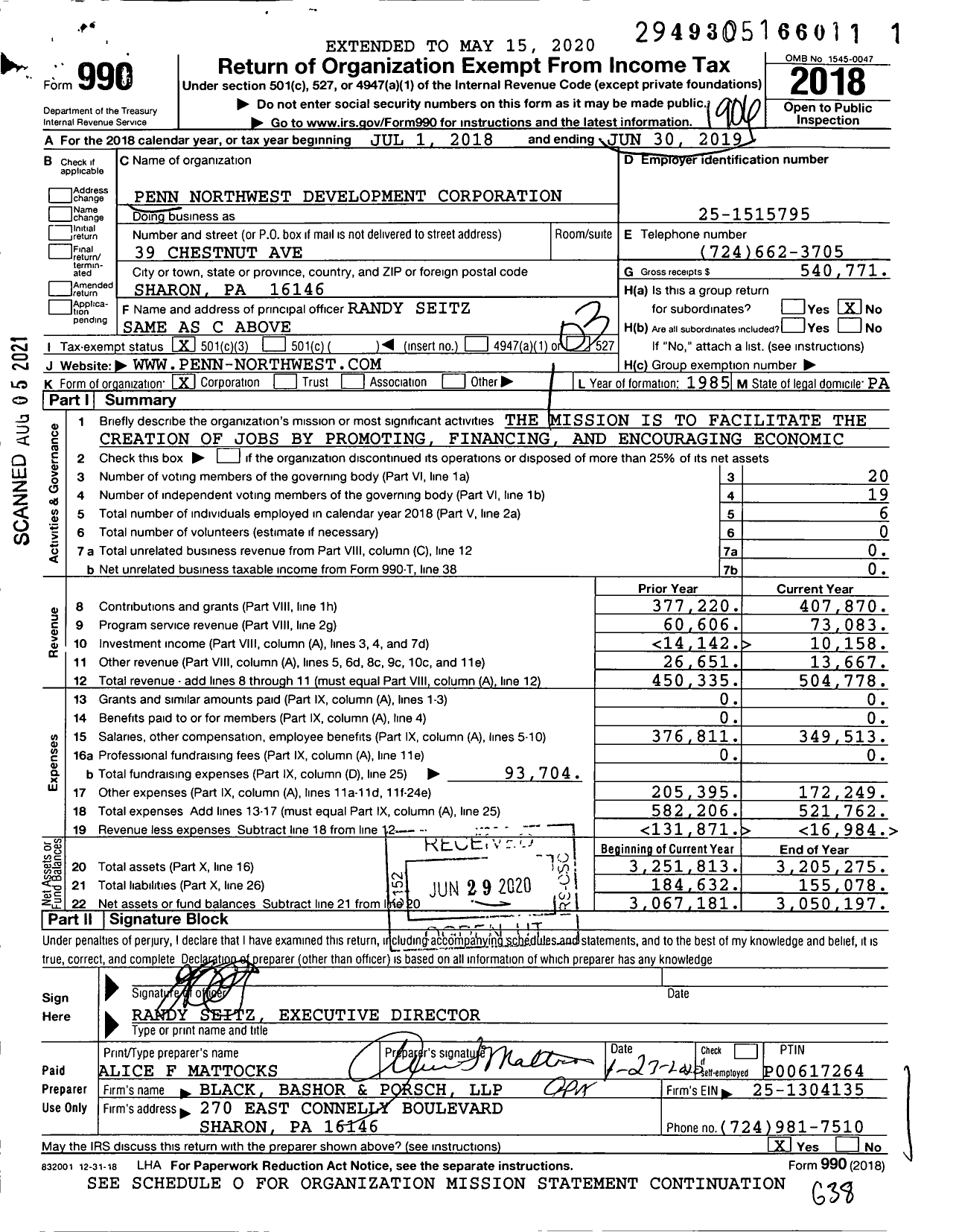 Image of first page of 2018 Form 990 for Penn Northwest Development Corporation