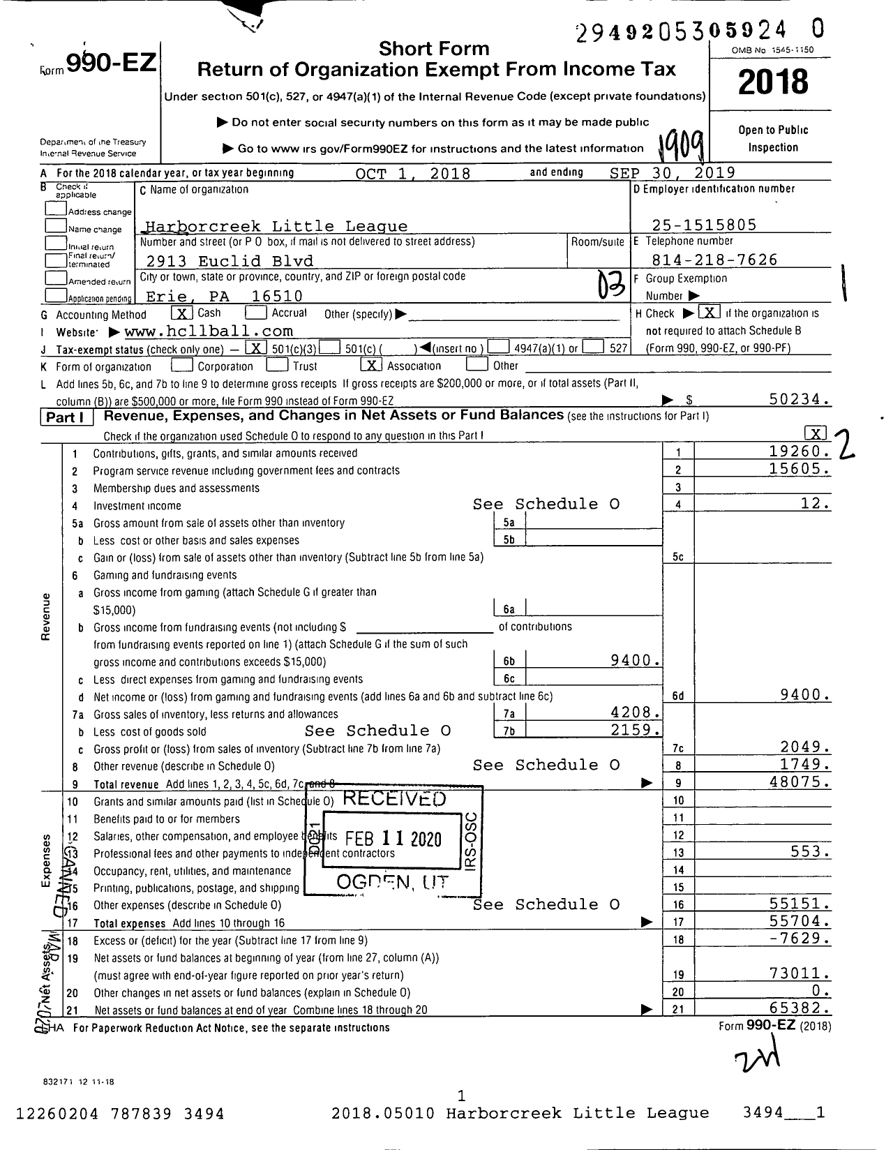 Image of first page of 2018 Form 990EZ for Little League Baseball - 2380111 Harbor Creek LL