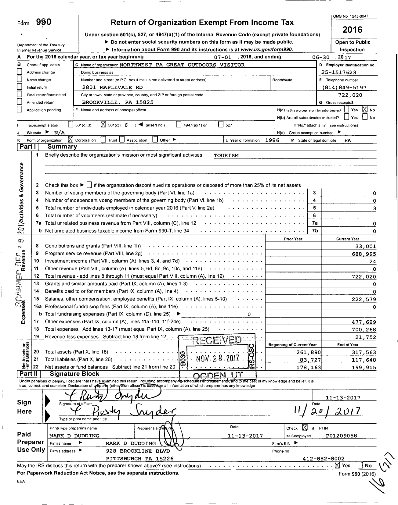 Image of first page of 2016 Form 990O for Northwest Pa Great Outdoors Visitors Bureau