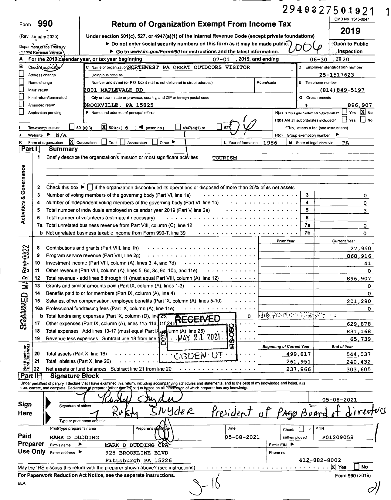 Image of first page of 2019 Form 990O for Northwest Pa Great Outdoors Visitors Bureau