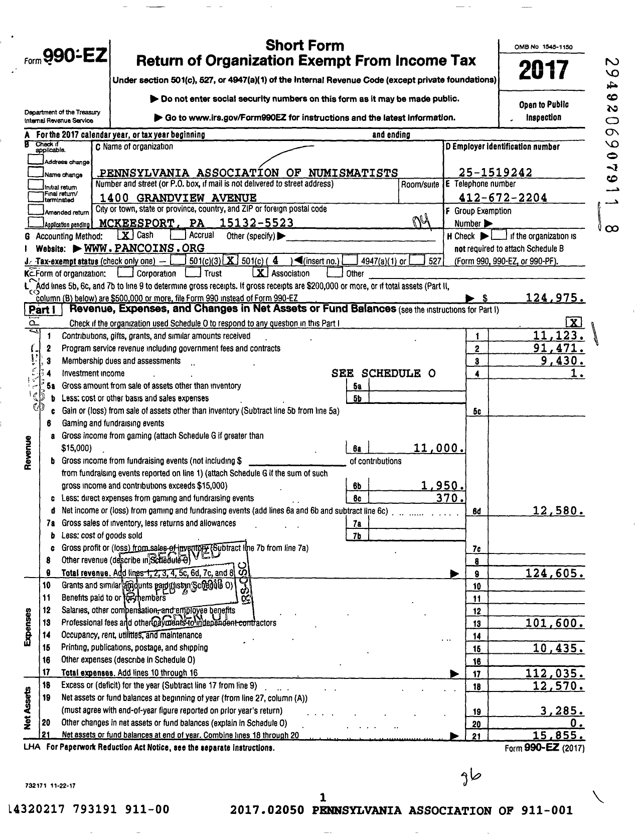 Image of first page of 2017 Form 990EO for Pennsylvania Association of Numismatists