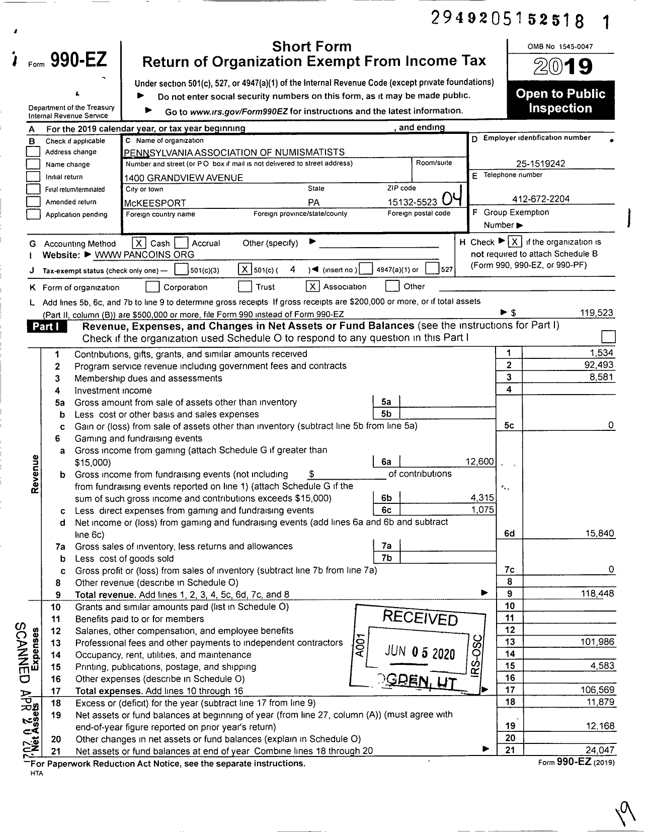 Image of first page of 2019 Form 990EO for Pennsylvania Association of Numismatists