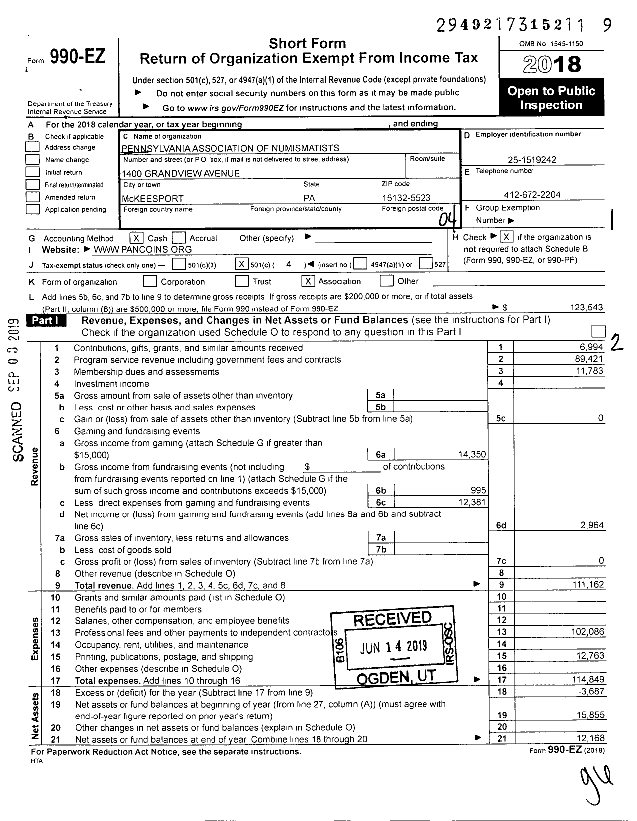 Image of first page of 2018 Form 990EO for Pennsylvania Association of Numismatists