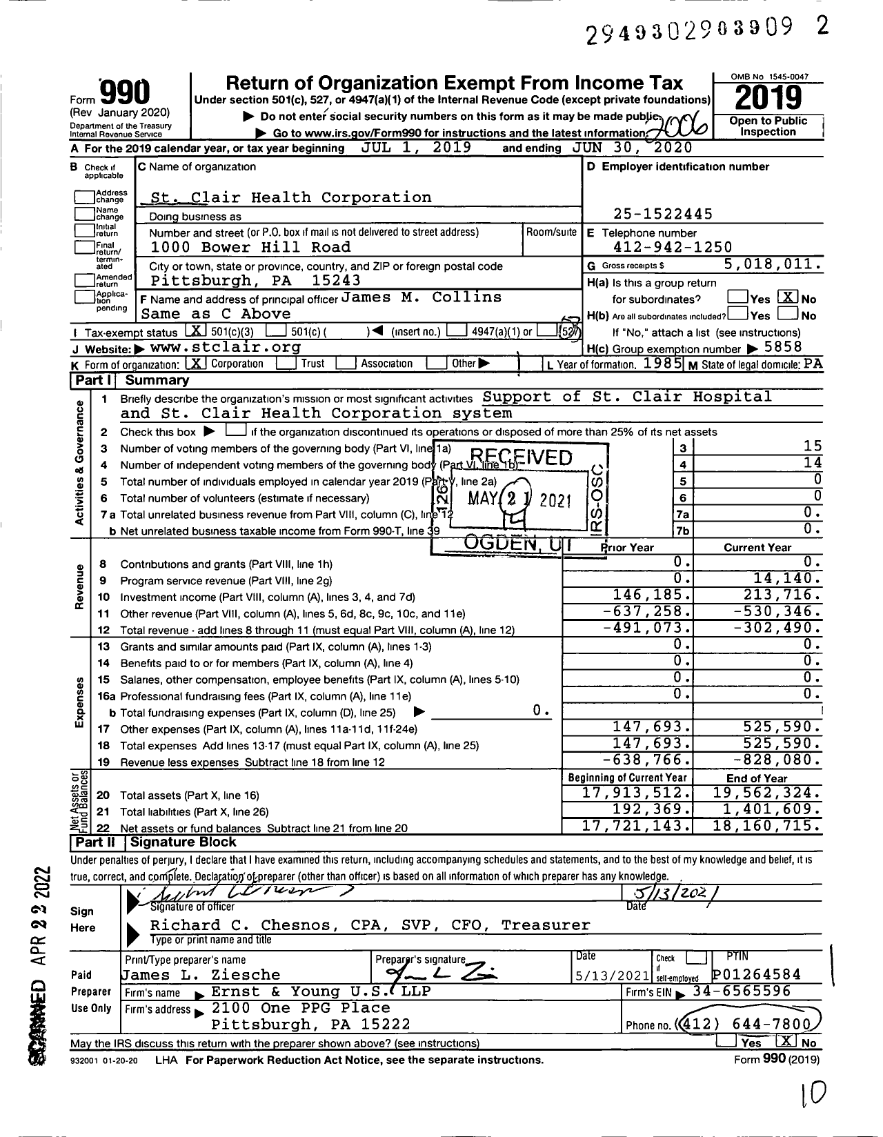 Image of first page of 2019 Form 990 for St Clair Health Corporation
