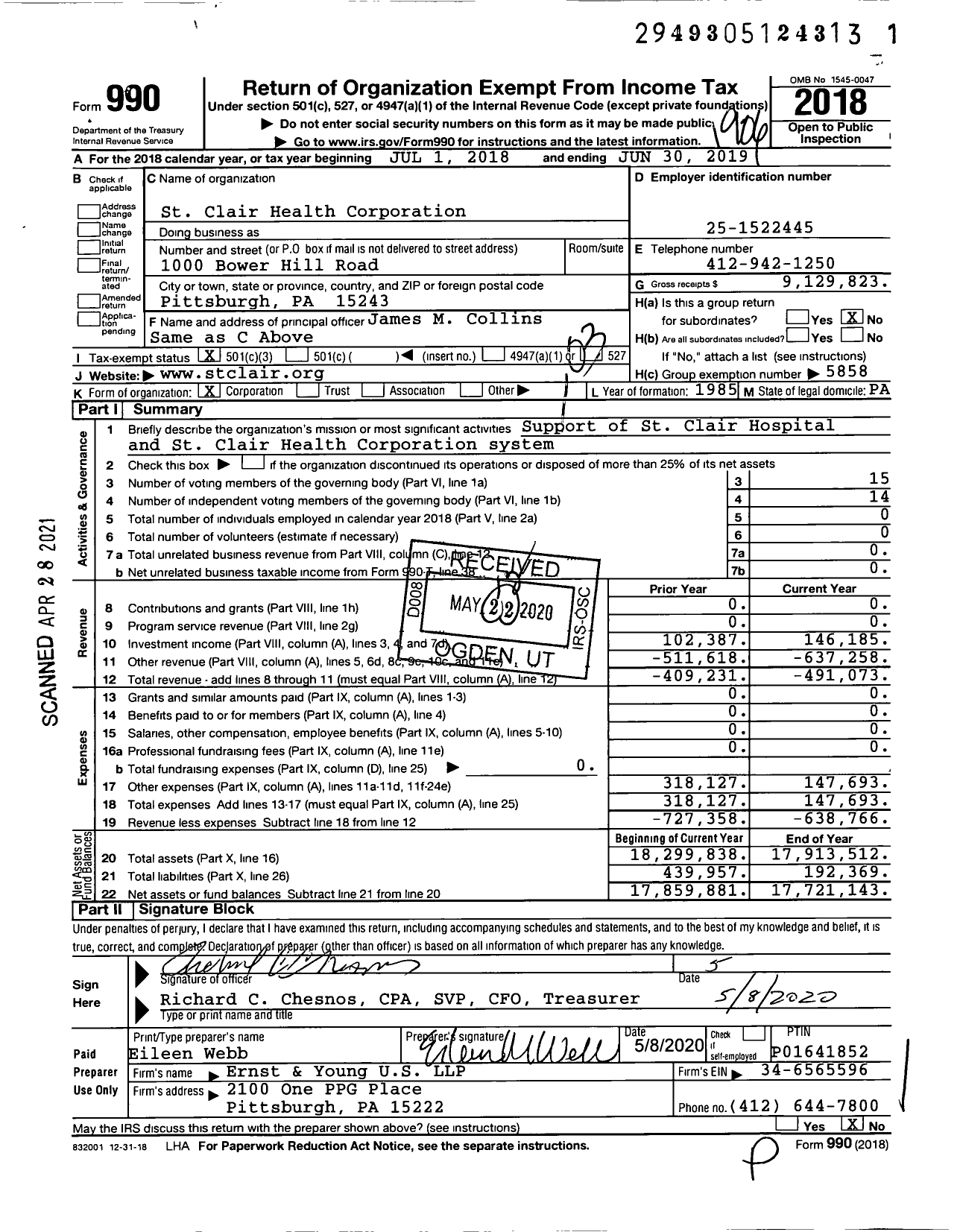 Image of first page of 2018 Form 990 for St Clair Health Corporation