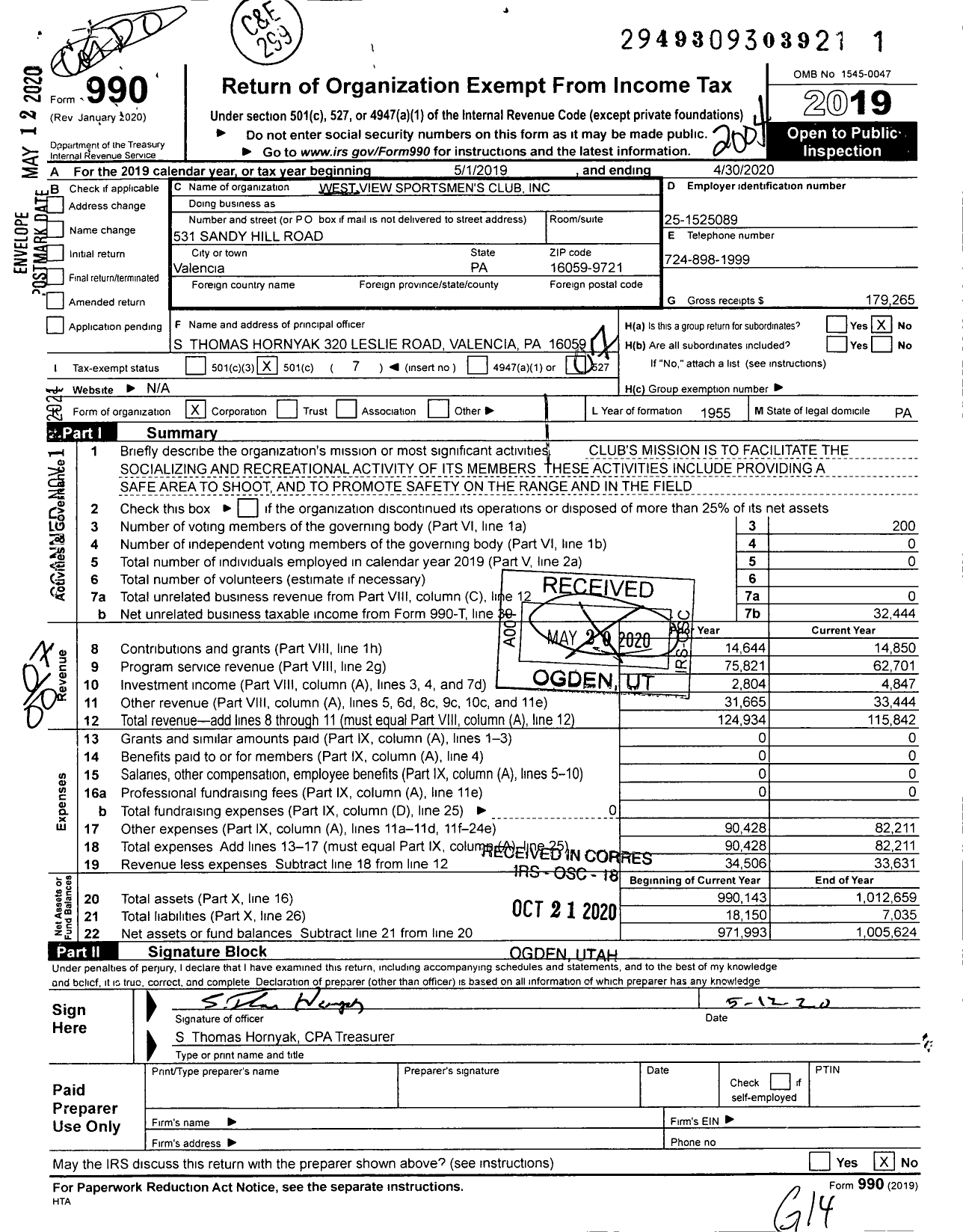 Image of first page of 2019 Form 990O for West View Sportsmens Club