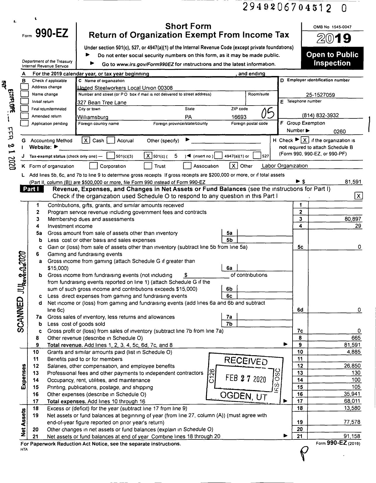 Image of first page of 2019 Form 990EO for United Steelworkers Local 308
