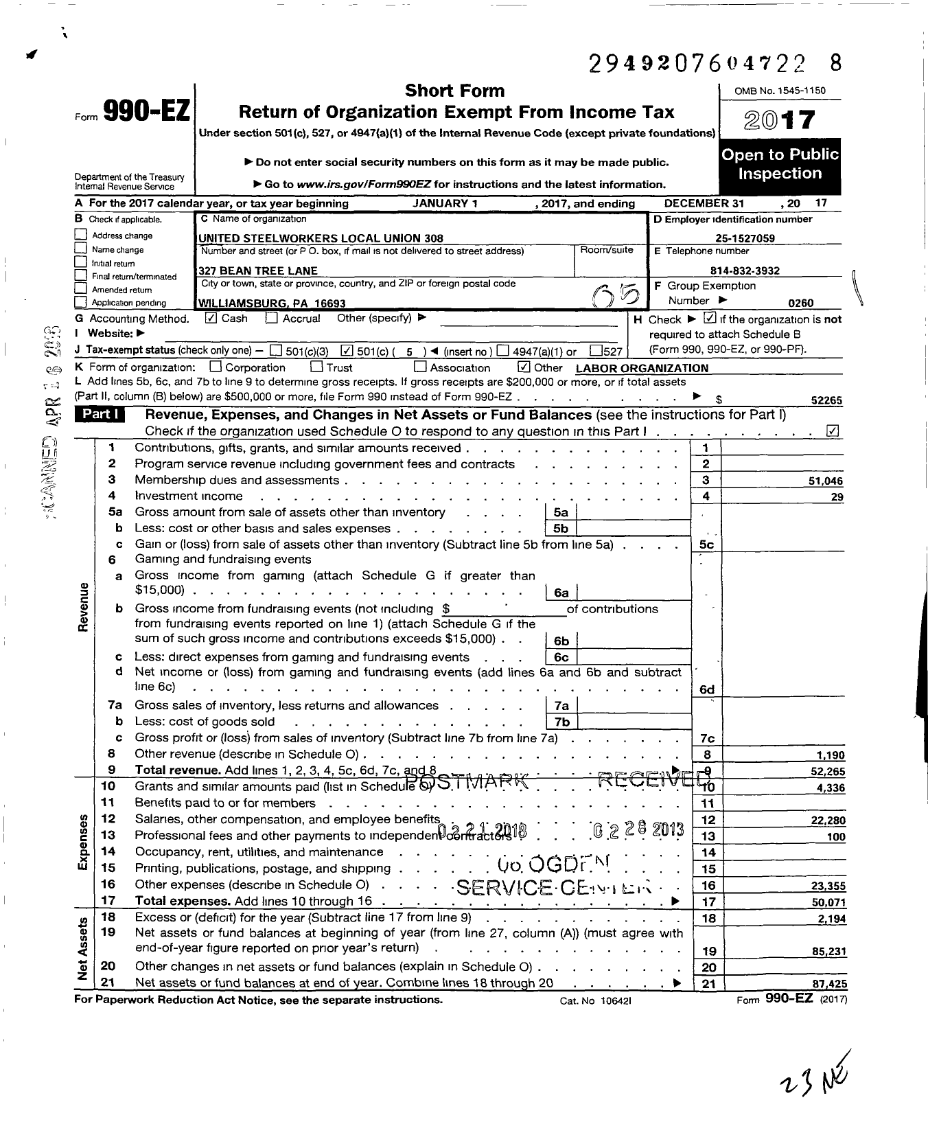 Image of first page of 2017 Form 990EO for United Steelworkers Local 308