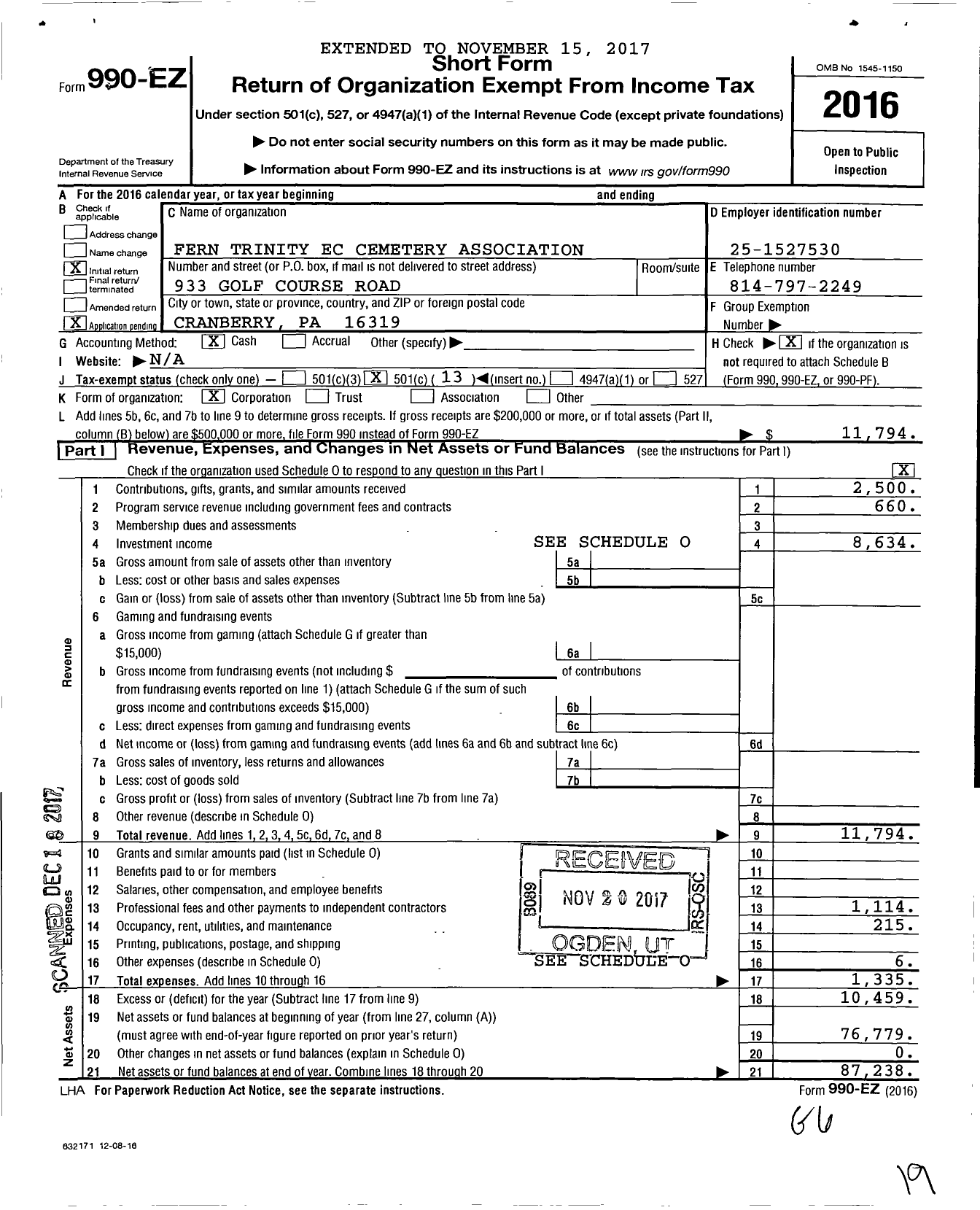 Image of first page of 2016 Form 990EO for Fern Trinity Ec Cemetary Association