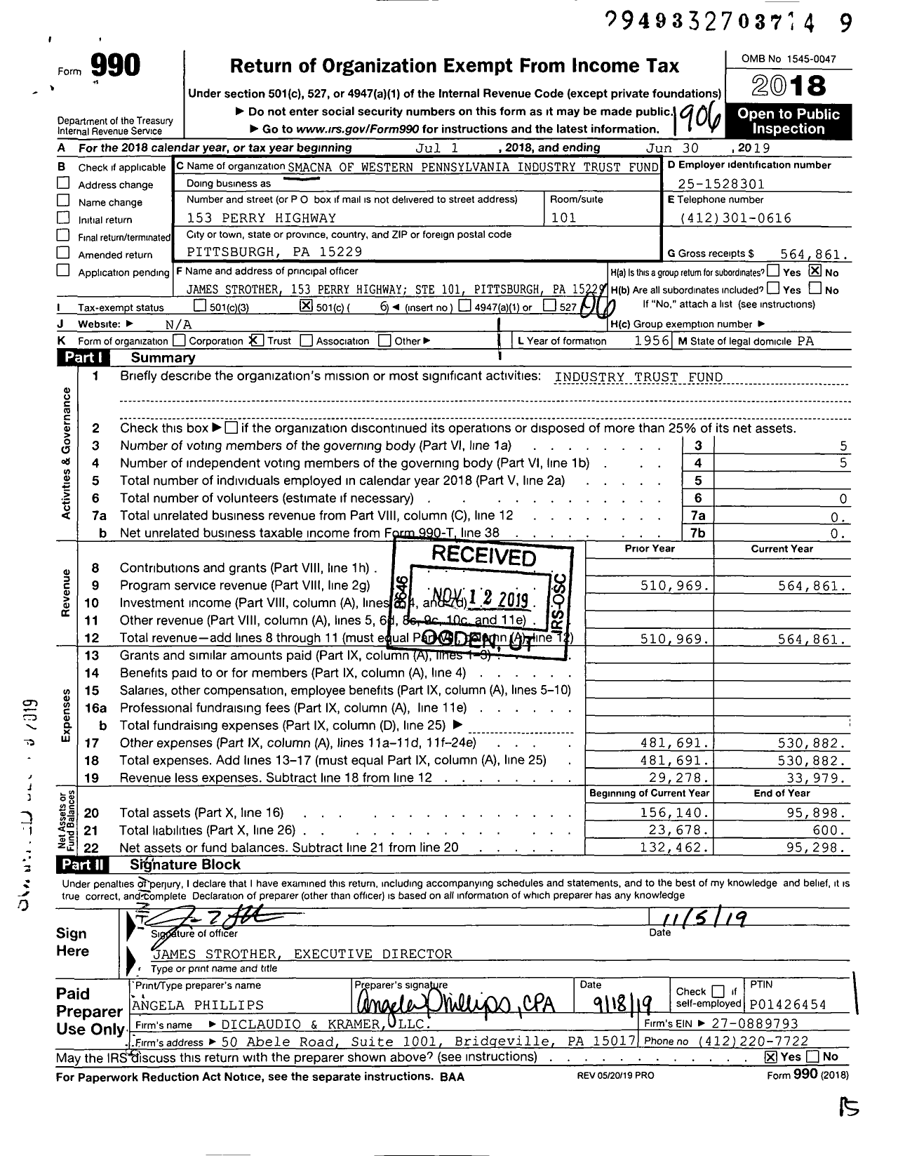 Image of first page of 2018 Form 990O for Smacna of Western Pennsylvania Industry Trust Fund