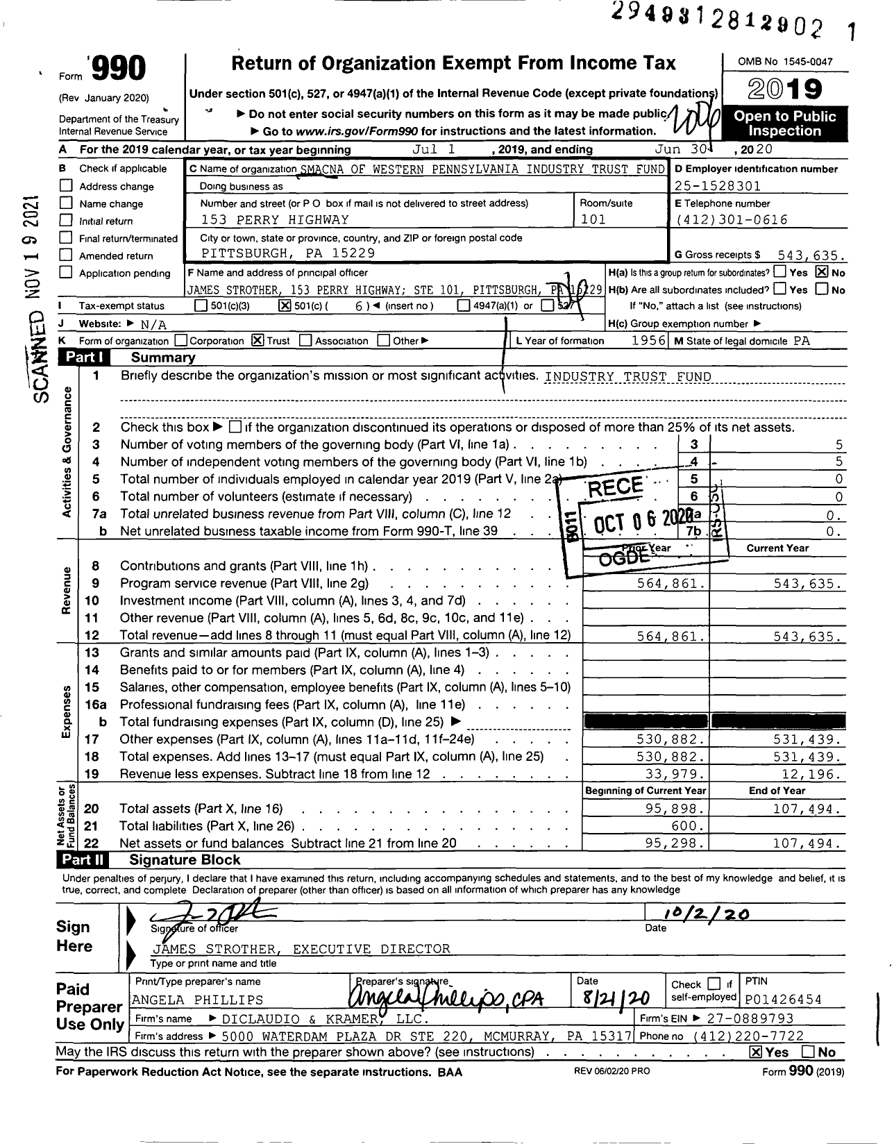 Image of first page of 2019 Form 990O for Smacna of Western Pennsylvania Industry Trust Fund