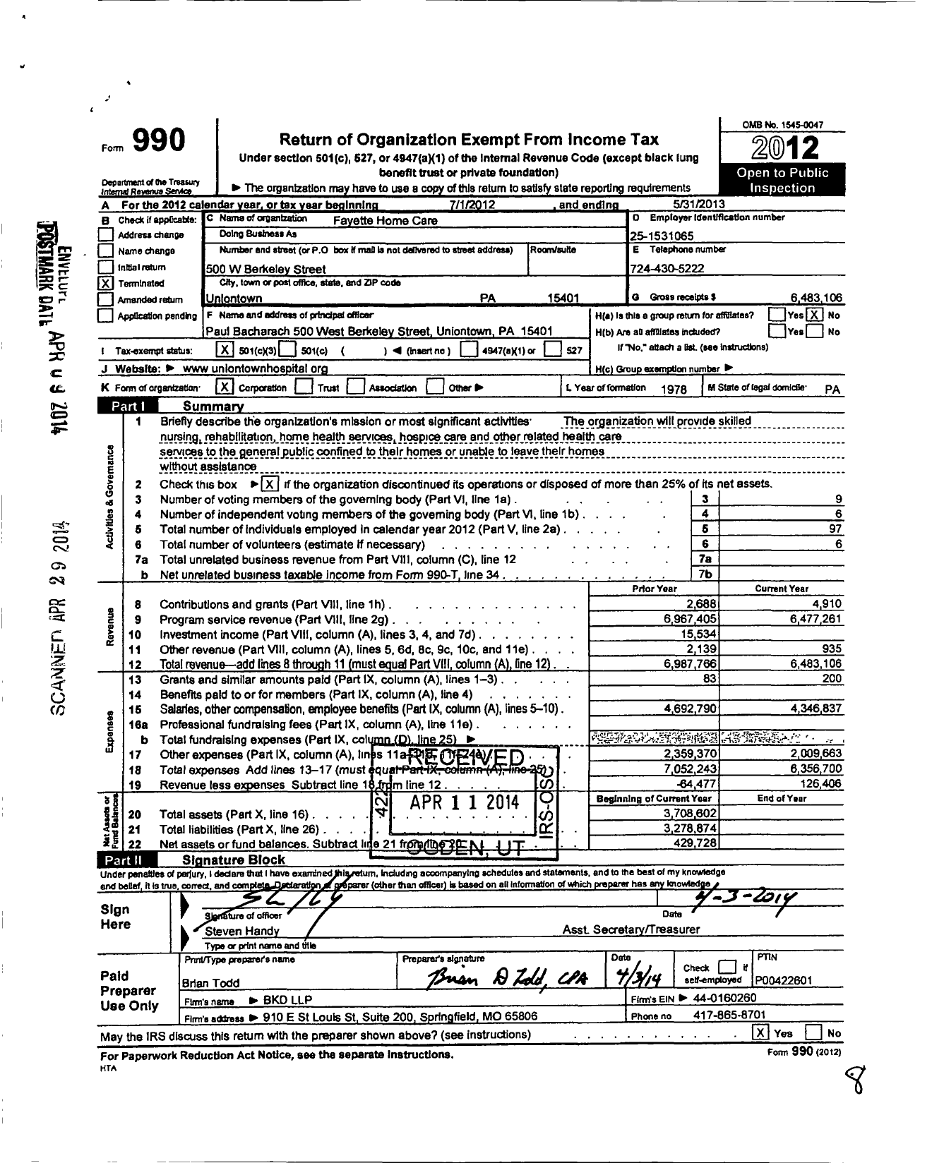 Image of first page of 2012 Form 990 for Fayette Home Care